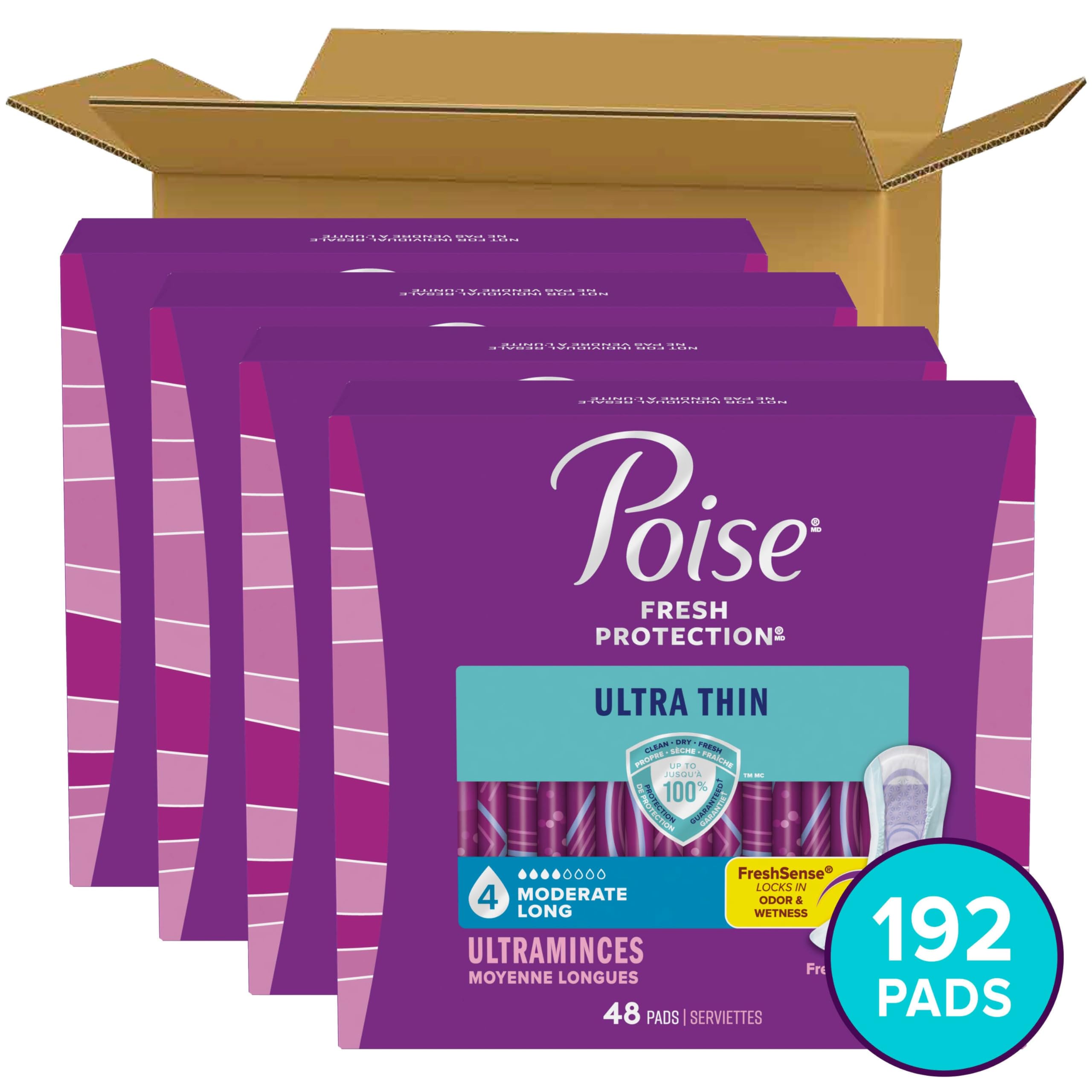 Poise Ultra Thin Incontinence Pads & Postpartum Pads for Bladder Leaks, 4 Drop Moderate Absorbency, Long Length, 192 Count (4 Pa
