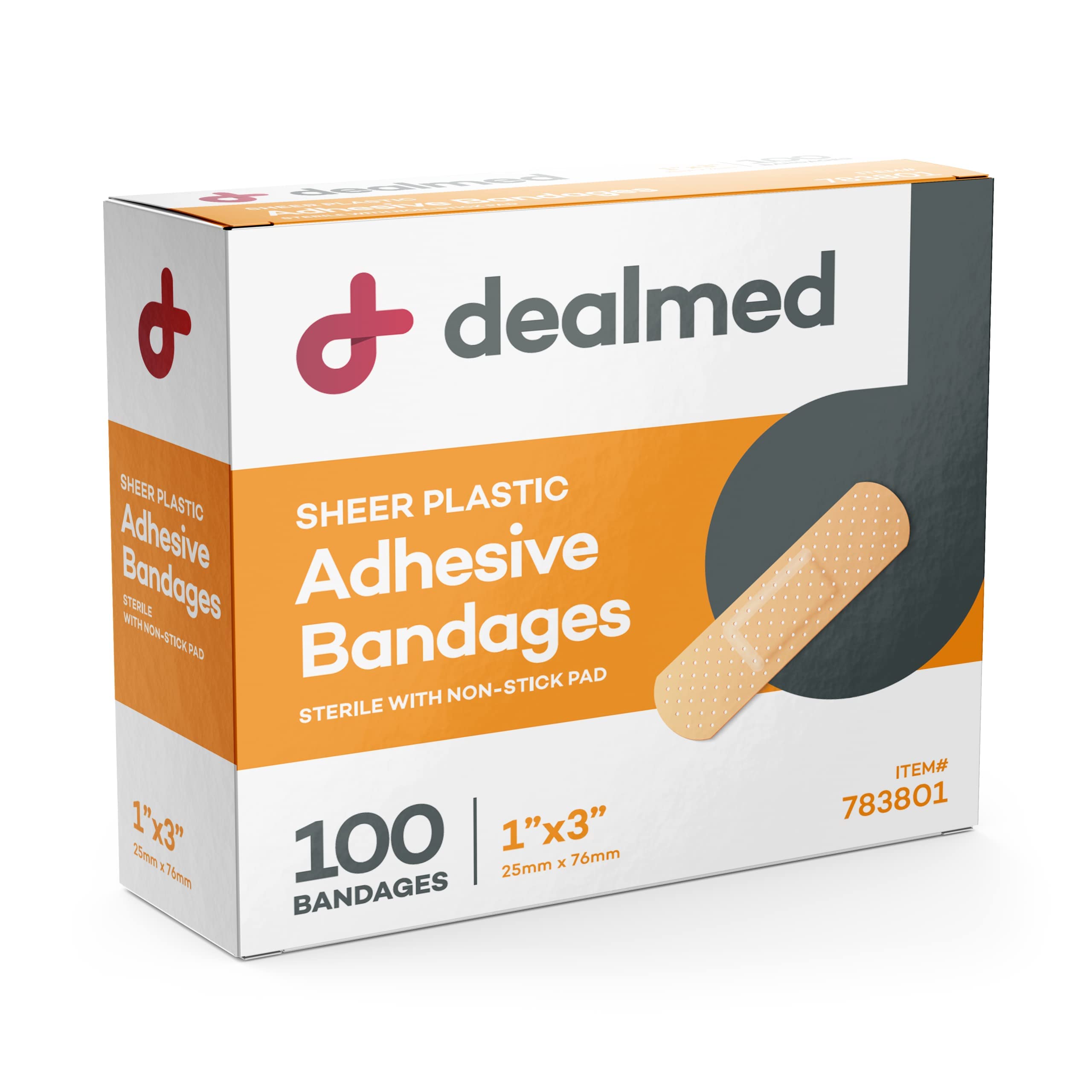 Dealmed Sheer Plastic Flexible Adhesive Bandages - 100 Count (24 Pack) Bandages with Non-Stick Pad, Latex Free, Wound Care for F