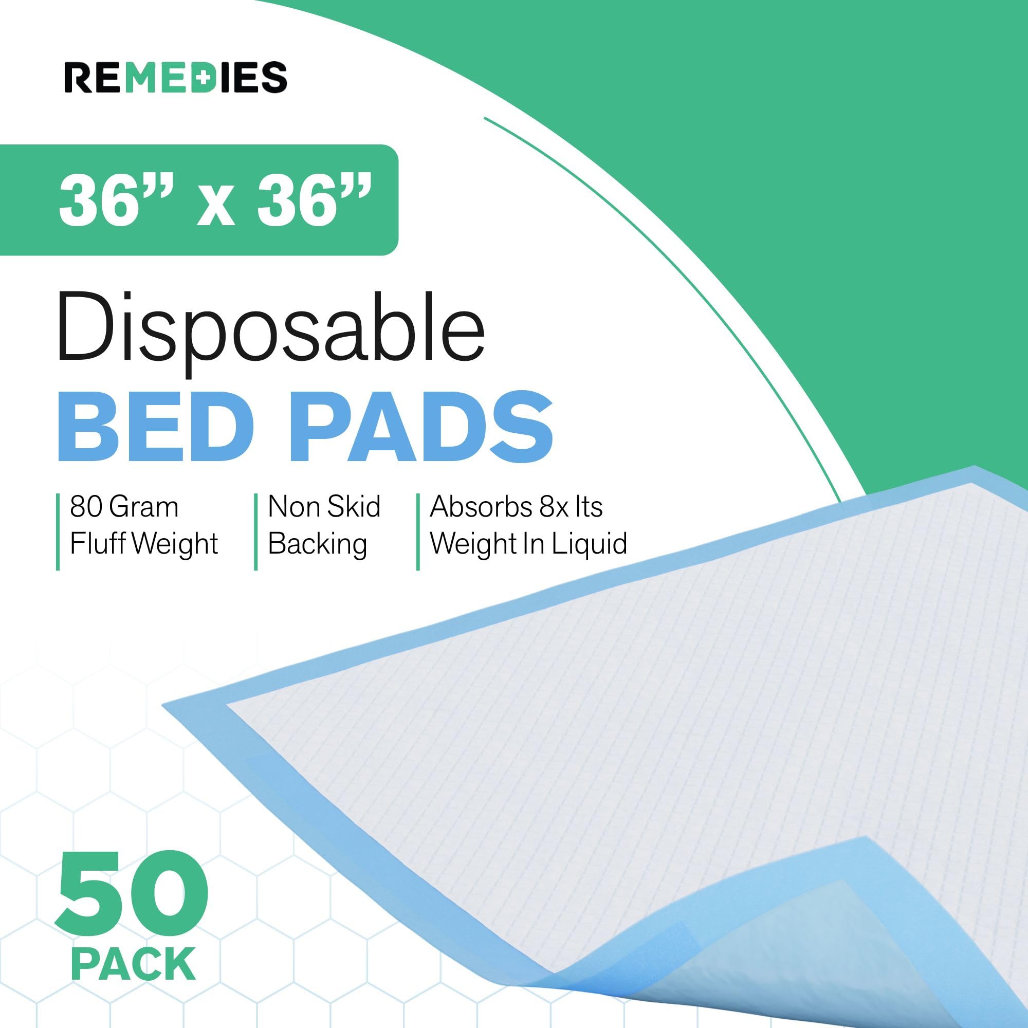 Remedies Extra Large Incontinence Bed Pads (36 x 36, 50 Count) - Super Absorbent Disposable Chux Underpads for Adults, Seniors,