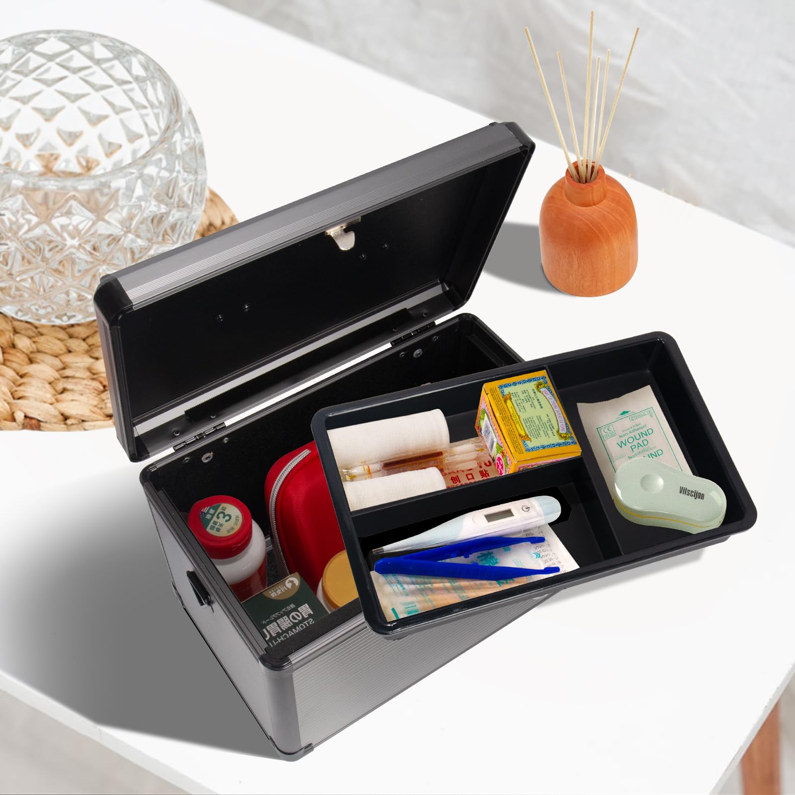 Lockbako Medicine Lock Box with Key, Alluminum Alloy Box for Medication,First aid kit with a Removeable Tray to Store Medicines