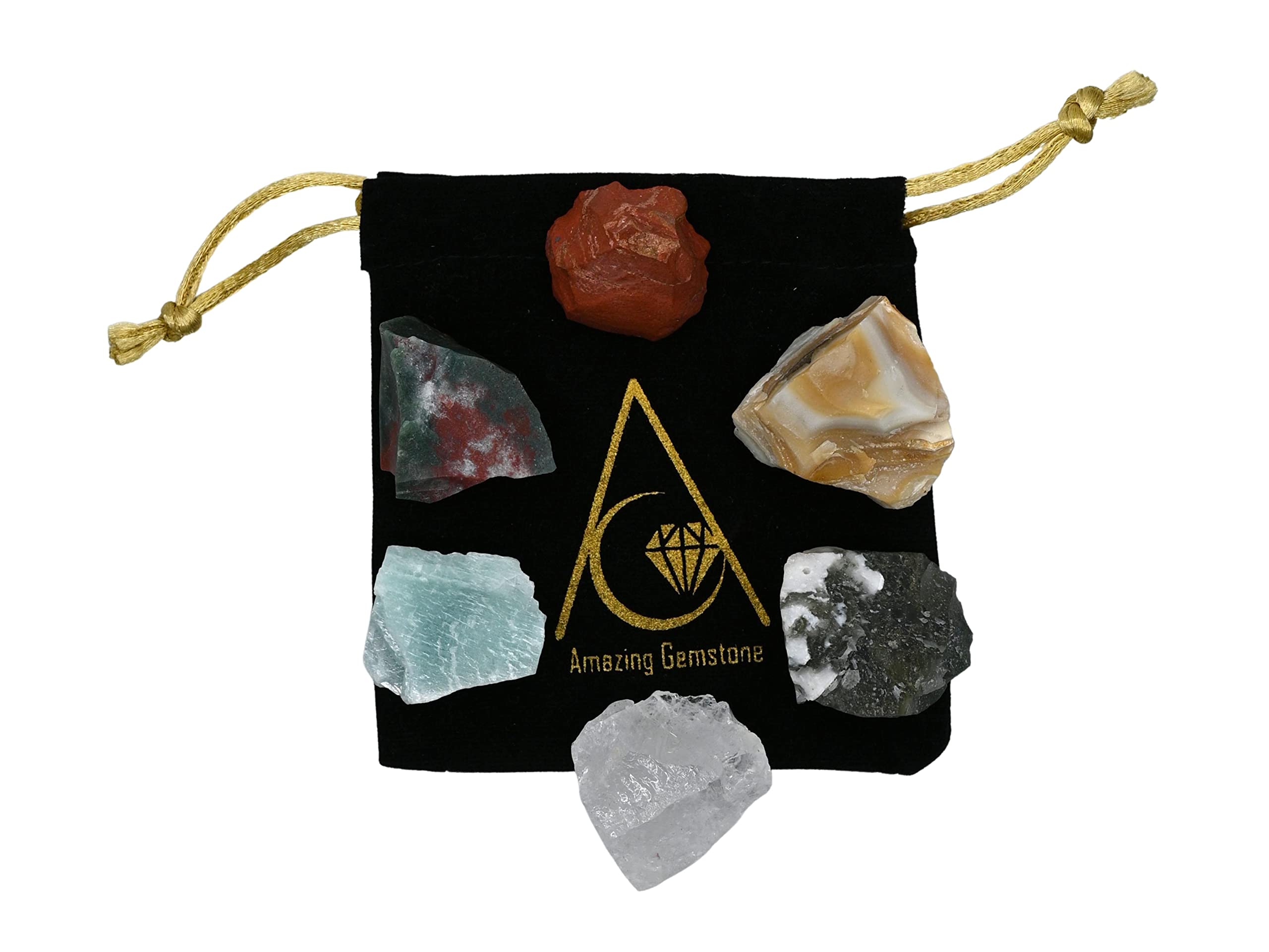 Crystals for Pain Relief Manifestation, Set of 6 Blood Stone, Amazonite, Clear Quartz, Red Jasper, Lace Agate and Moss Agate Hea