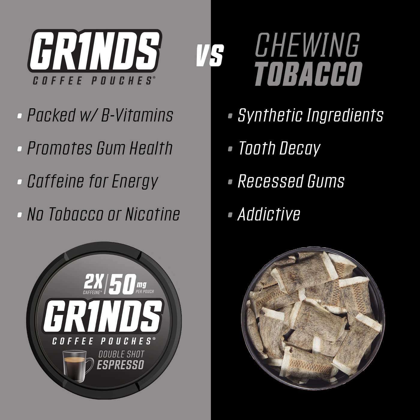 Grinds Coffee Pouches | Tobacco Free, Nicotine Free Healthy Alternative | 6 Cans of Double Shot Espresso | 18 Pouches Per Can |