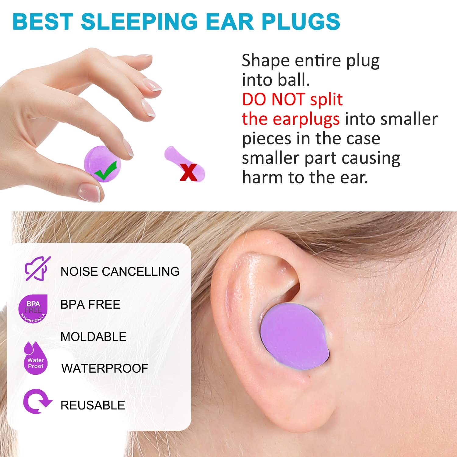 Reusable Silicone Ear Plugs, Waterproof Noise Cancelling EarPlugs for Sleeping, Mowing, Swimming, Airplanes, Concerts