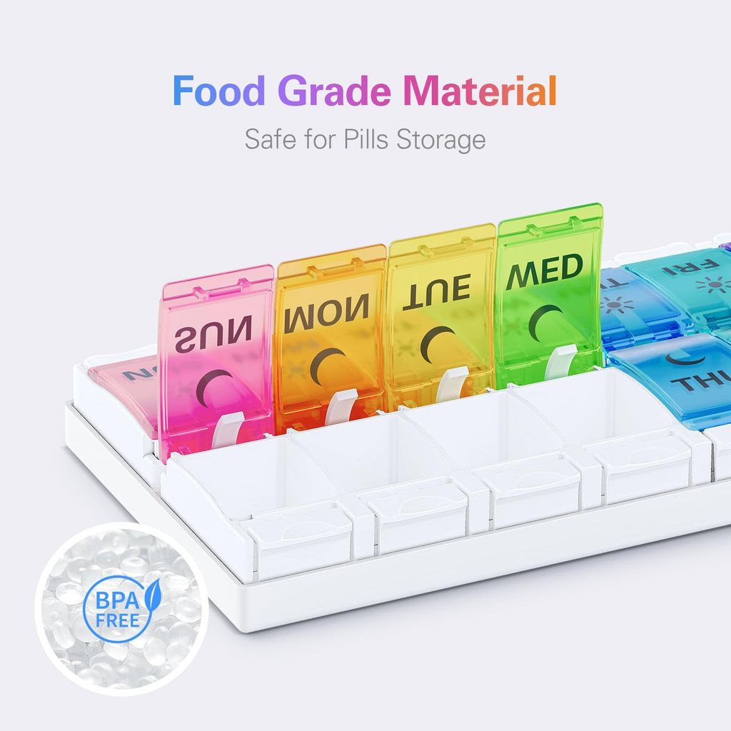 BUG HULL Pill Organizer AM PM Arthritis Friendly, BPA Free Pill Box 2 Times a Day, Large Pill Container, Weekly Medicine Pill Or