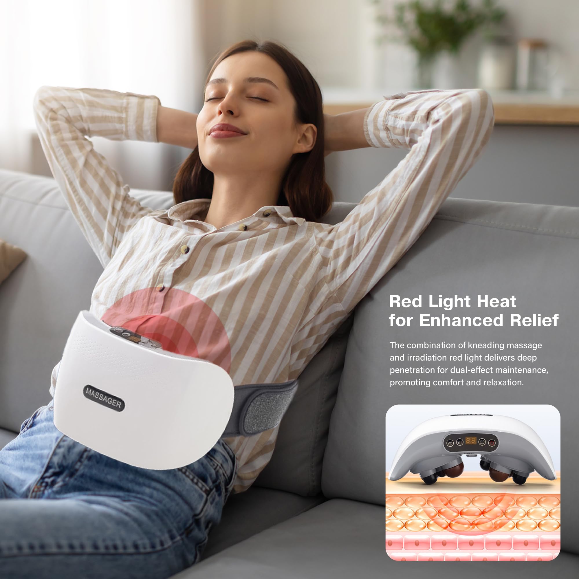 Abdominal Stomach Belly Massager Belt - Rechargeable Automatic Electric Heated Dual Kneading Red Light Machine - Waist Heat Mass