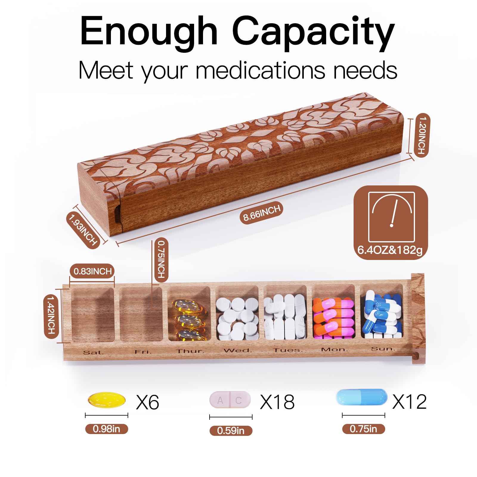 Wooden Pill Organizer, 7 Day Pill Box, Travel Pill Box, Wooden Pill Case Privacy Protection Perfect for Medication, Vitamins, Fi