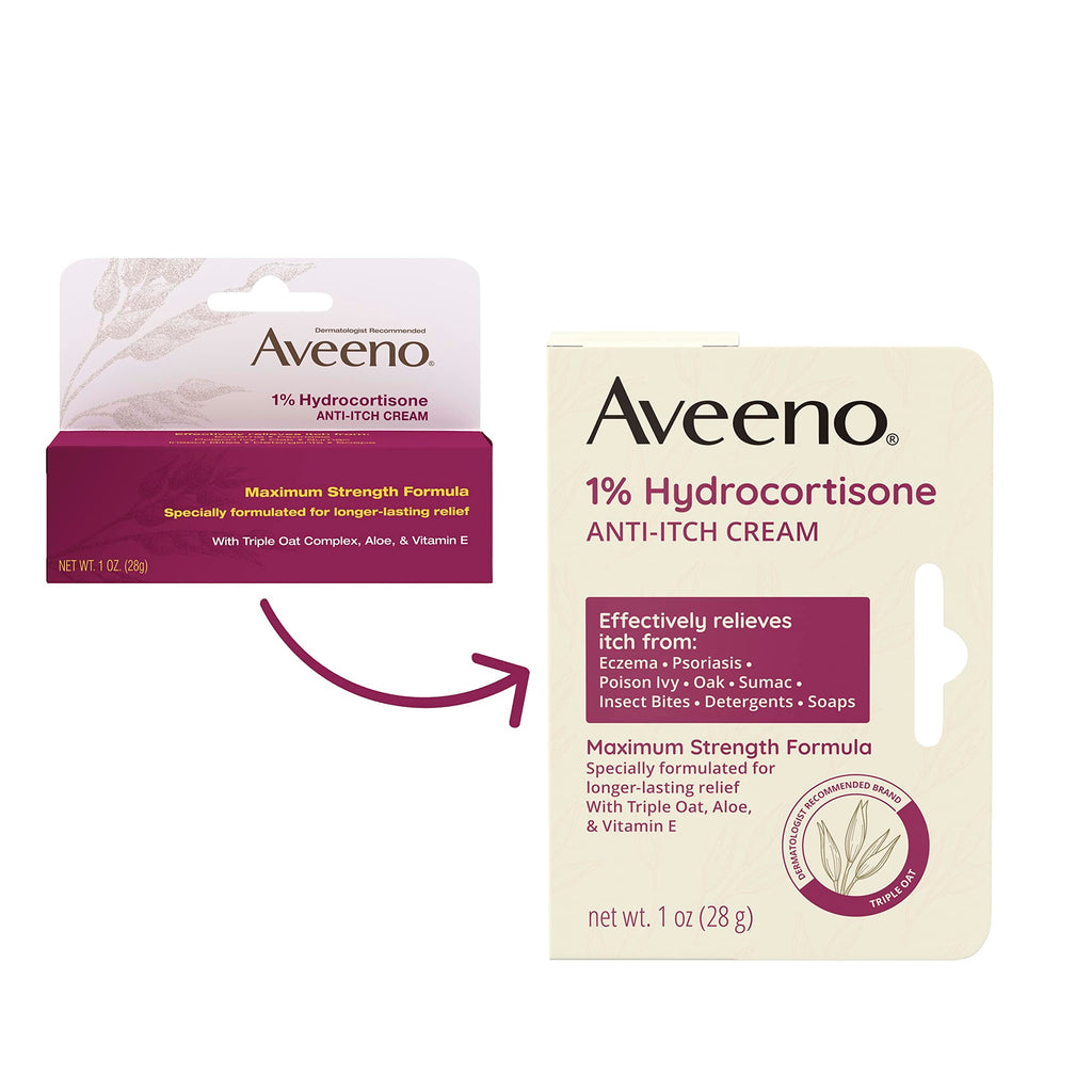 Aveeno Maximum Strength 1% Hydrocortisone Anti-Itch Cream, Triple Oat, Aloe & Vitamin E for Itch Relief from Eczema, Psoriasis,
