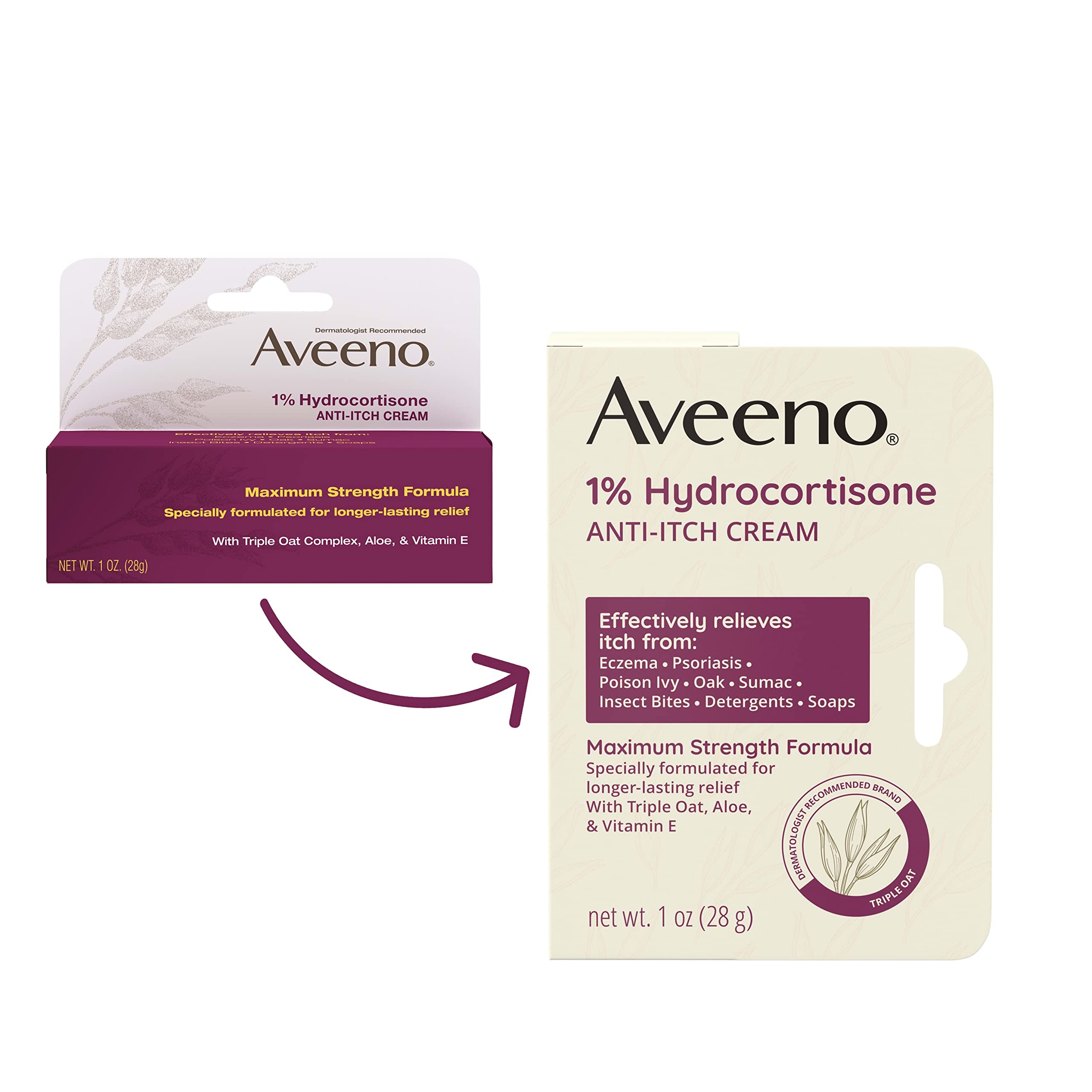 Aveeno Maximum Strength 1% Hydrocortisone Anti-Itch Cream, Triple Oat, Aloe & Vitamin E for Itch Relief from Eczema, Psoriasis,