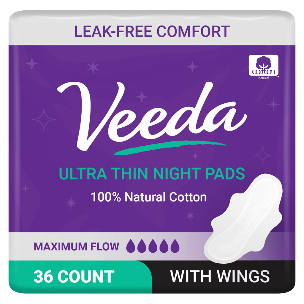 Veeda Ultra Thin Night Pads for Women - Super Absorbent Overnight pads with wings - Feminine Pads with Overnight Absorbency - Un