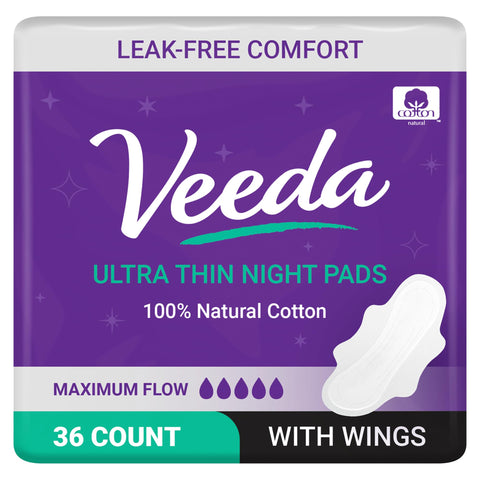 Veeda Ultra Thin Night Pads for Women - Super Absorbent Overnight pads with wings - Feminine Pads with Overnight Absorbency - Un