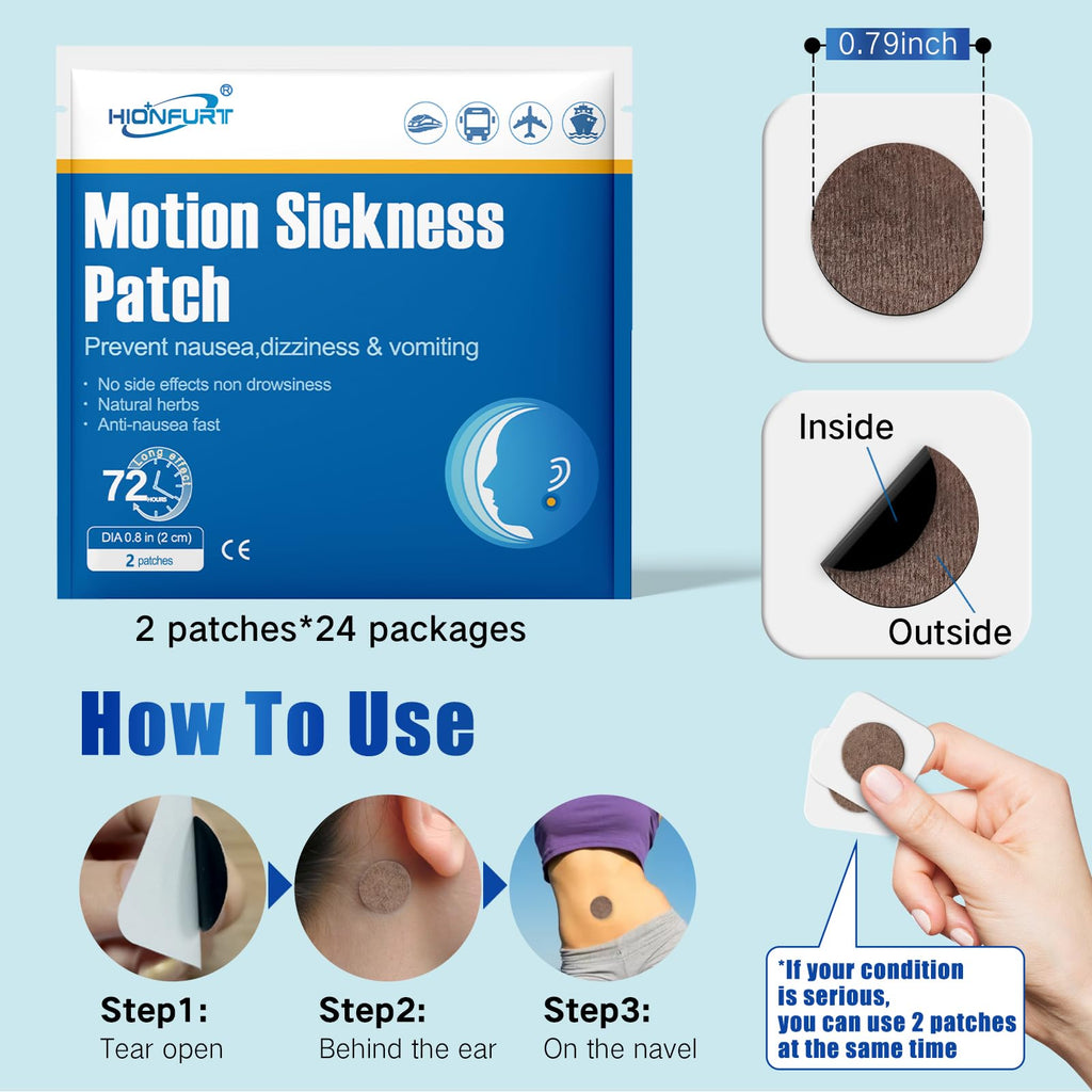 Hionfurt 48ct Motion Sickness Patches - Sea Sickness Patches for Cruise, Car, Airplane, and Other Travel - Non-Drowsy, Effective