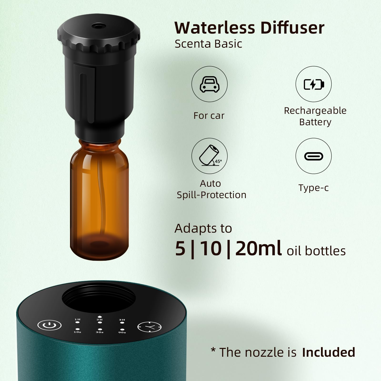 Waterless Diffuser for Essential Oil, Battery Operated Portable Nebulizer, Mini Scent Aromatherapy Machine, 3 Timer Modes & 3 Mi