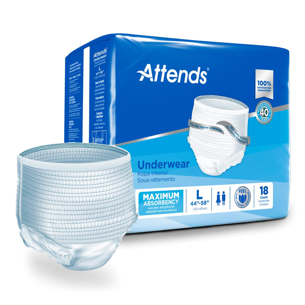 Attends Protective Underwear with DermaDry Technology for Adult Incontinence Care, Unisex, Large, White, 72 Count, Pack of 4