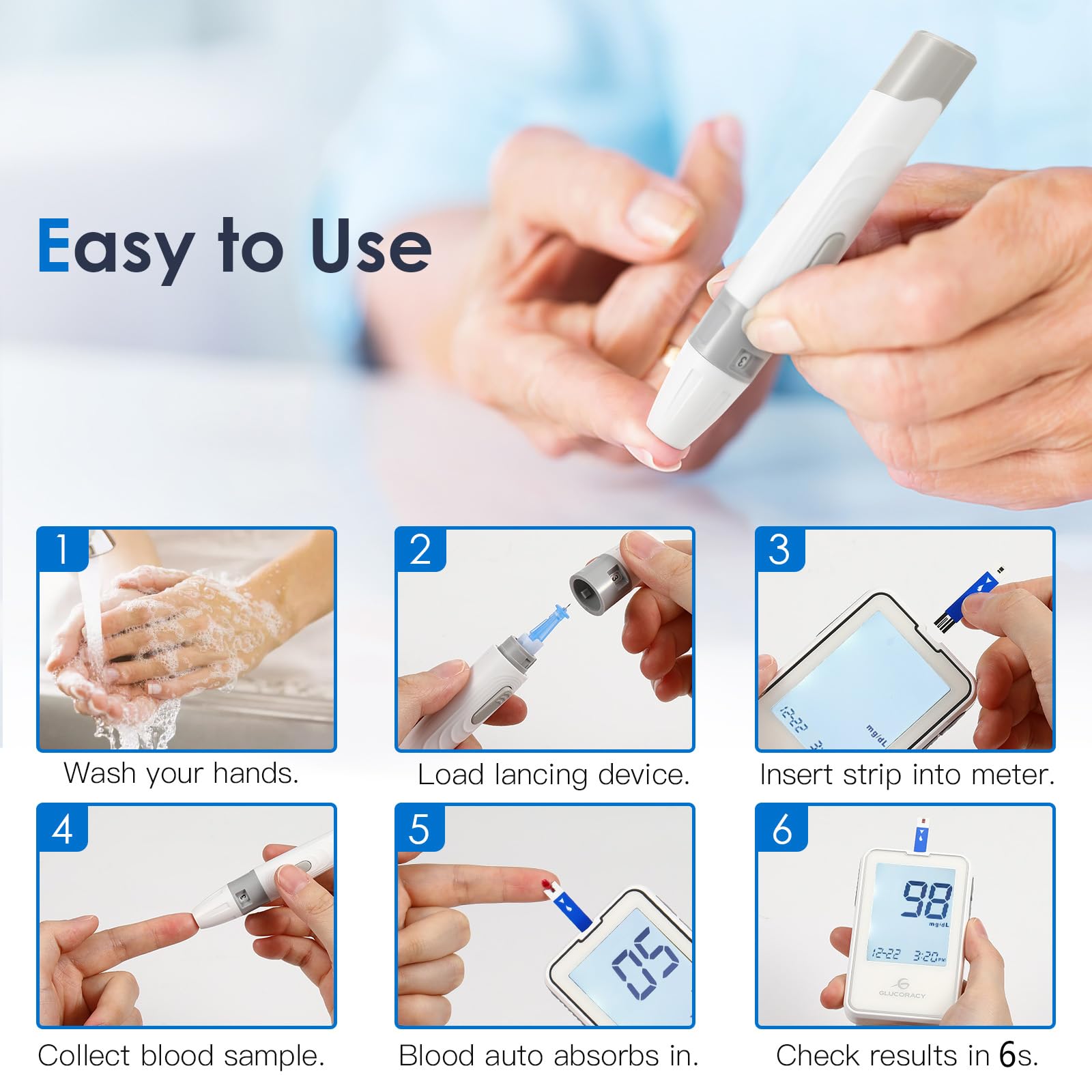 Glucoracy G-425-2 Blood Glucose Monitor Kit, 50 Test Strips and 50 Lancets, Blood Sugar Test Kit with Lancing Device, Diabetes T