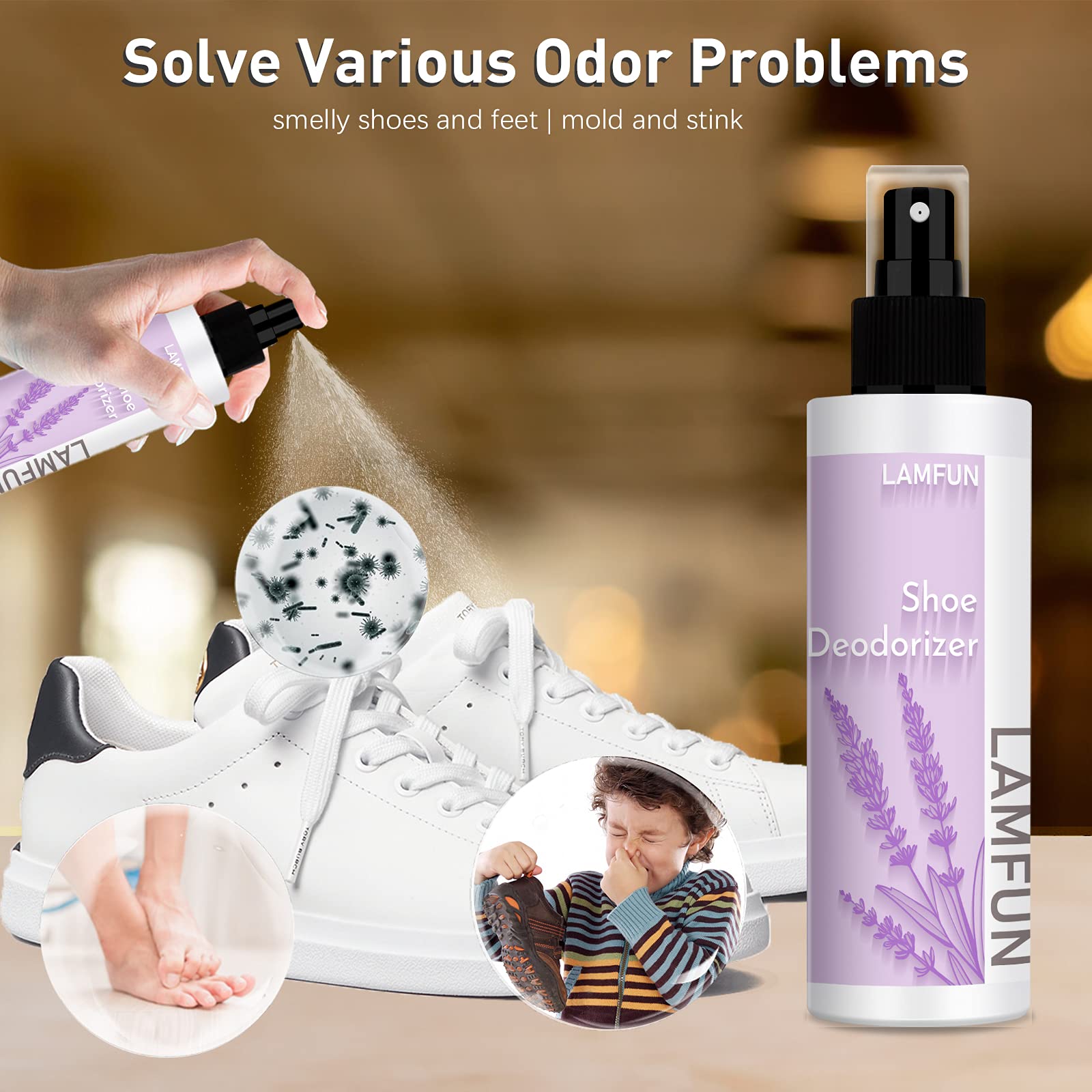 Shoe Odor Eliminator, Lamfun Deodorant Spray for Stinky Sneakers or Smelly Feet, Natural Shoe Deodorizer and Foot Deodorant Figh