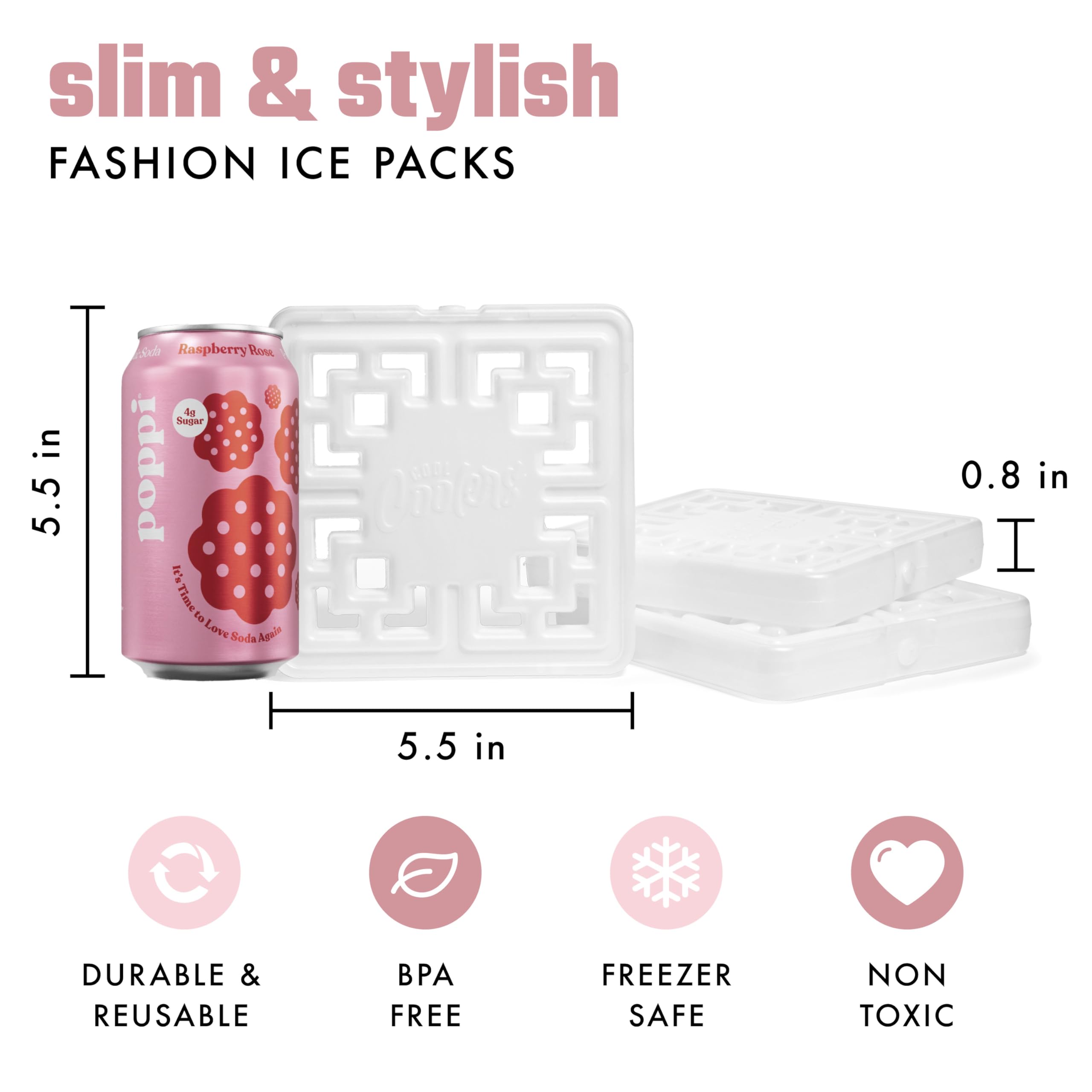 Cool Coolers Fashion Ice by Fit & Fresh, 4 Pack Large Slim Ice Packs, Unique Ice Pack Design for Womens Lunch Bag, Space Saving