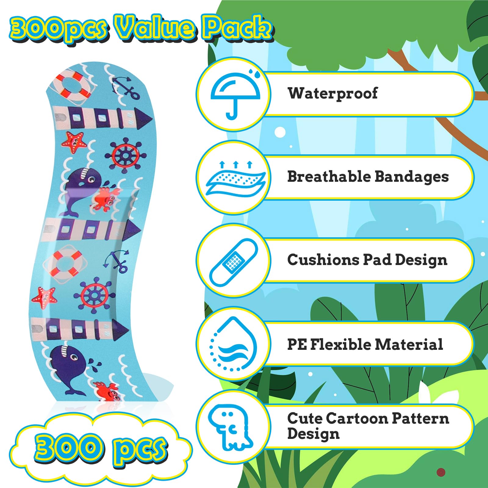 Sublaga 300 Pcs Adhesive Bandages, 33 Styles Kids Cartoon Bandages, Flexible, Colorful, Waterproof, Breathable, Protect Scrapes