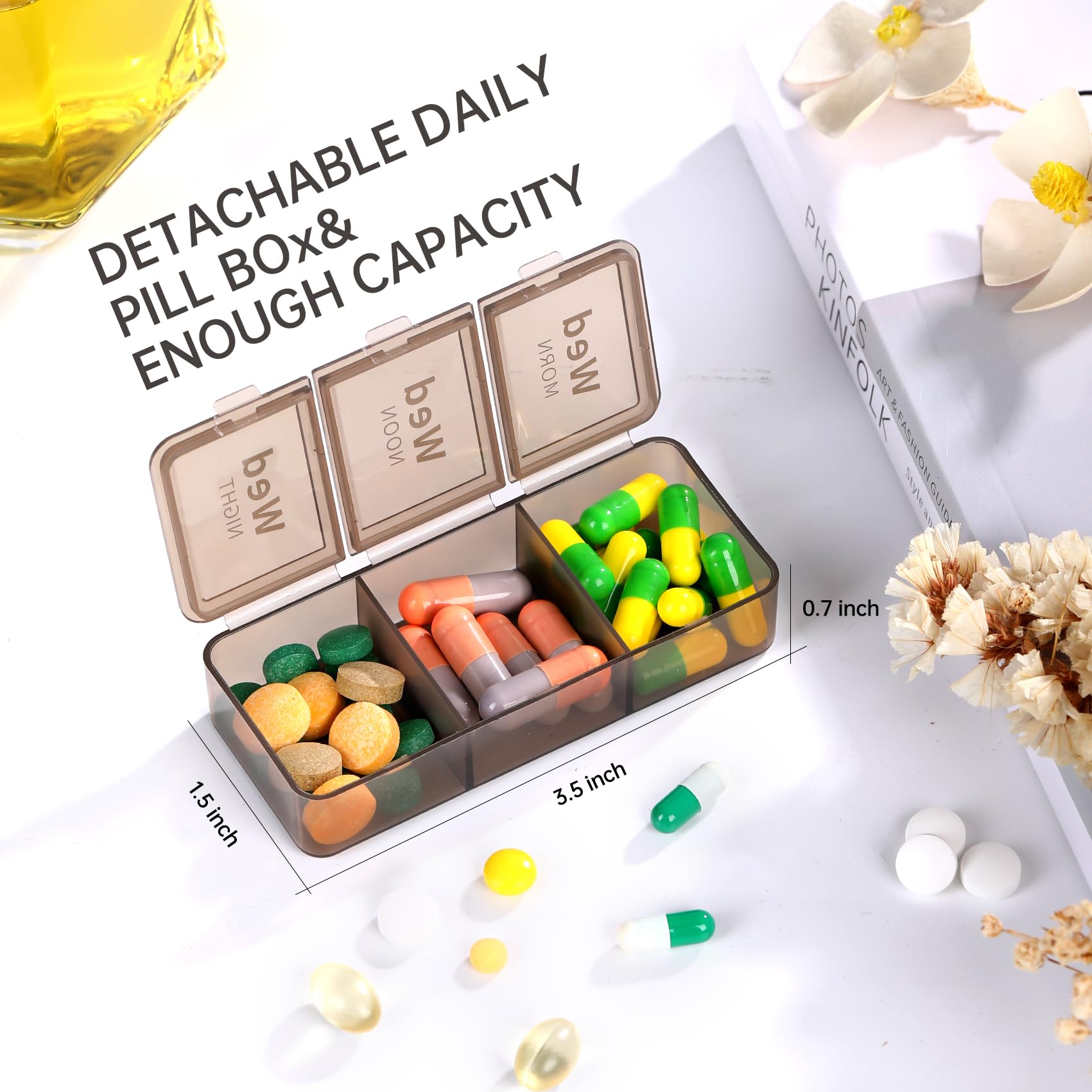 Rinten Pill Organizer 3 Times a Day, Weekly Pill Box Medicine Organizer Box, Travel Double Side 7 Day Pill Case with Backup One