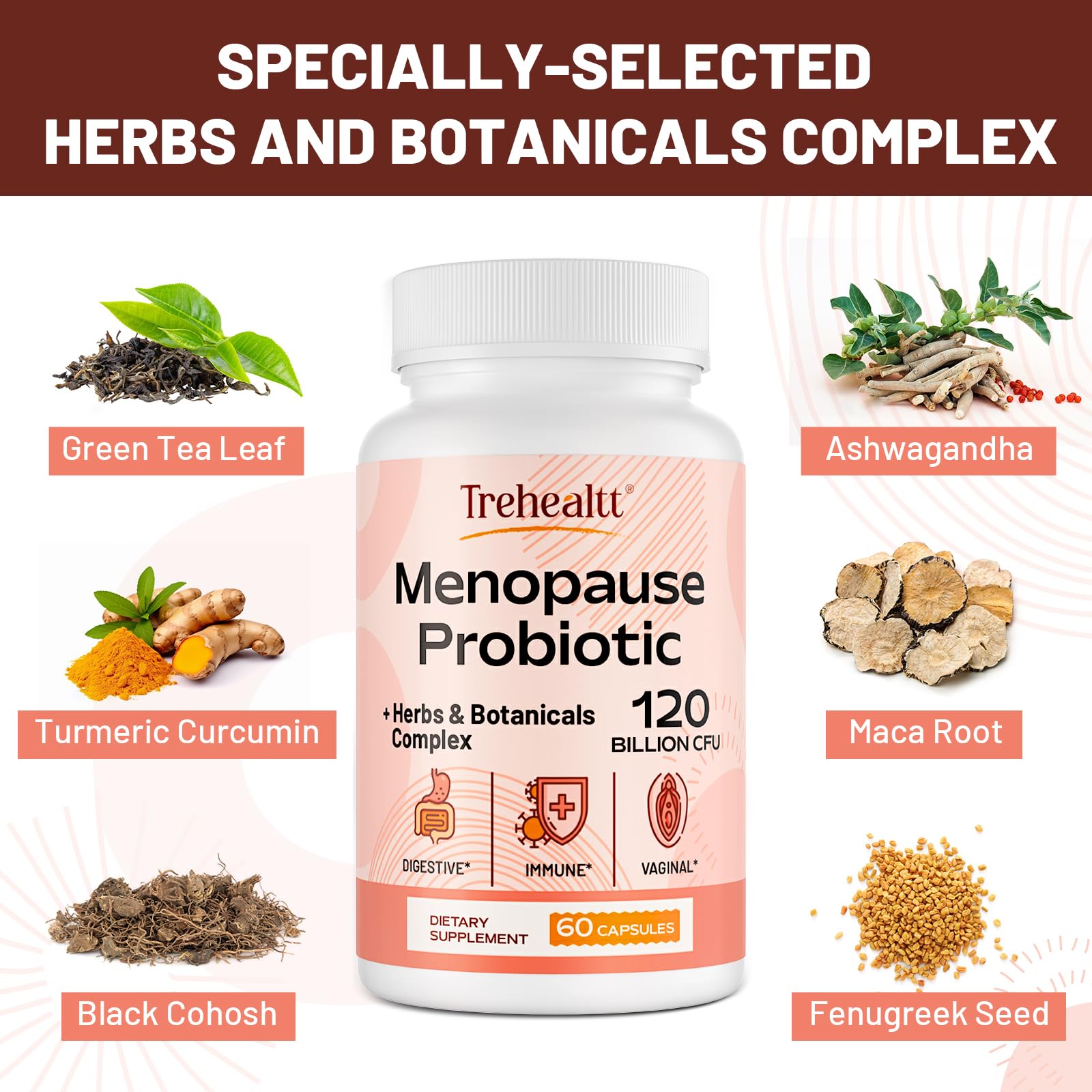 Menopause supplements for women, 120 Billion CFU Probiotic, 13-in-1 Herbs & Botanicals Complex, for Hormone Menopause, Hot Flash