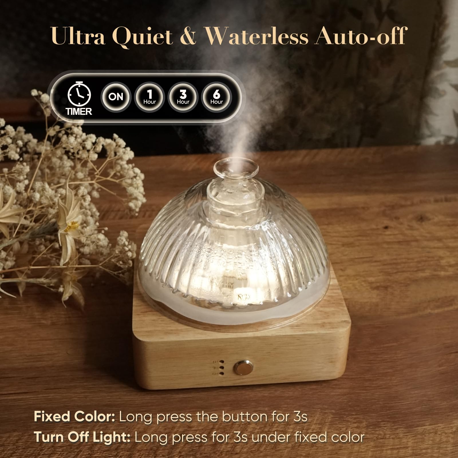 Glass Dome Essential Oil Diffuser with Glass Reservoir & Wood Base - No Plastic, 200ml Ultrasonic Diffuser for Aromatherapy with