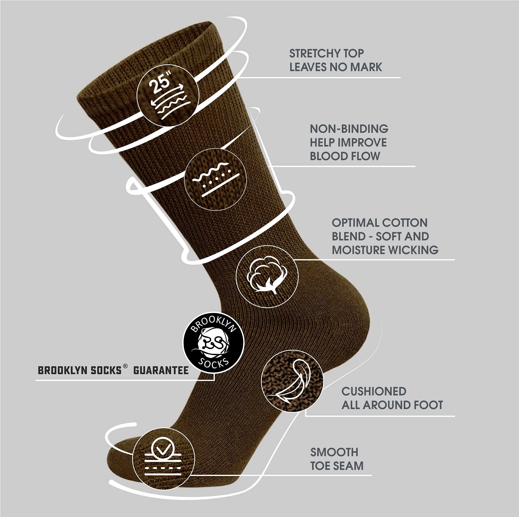 6 Pairs of Cotton Diabetic Non-Binding Neuropathy Crew Socks (Deep Brown, Fits Mens Shoe Size 8-10/Womens shoe size 9-11)