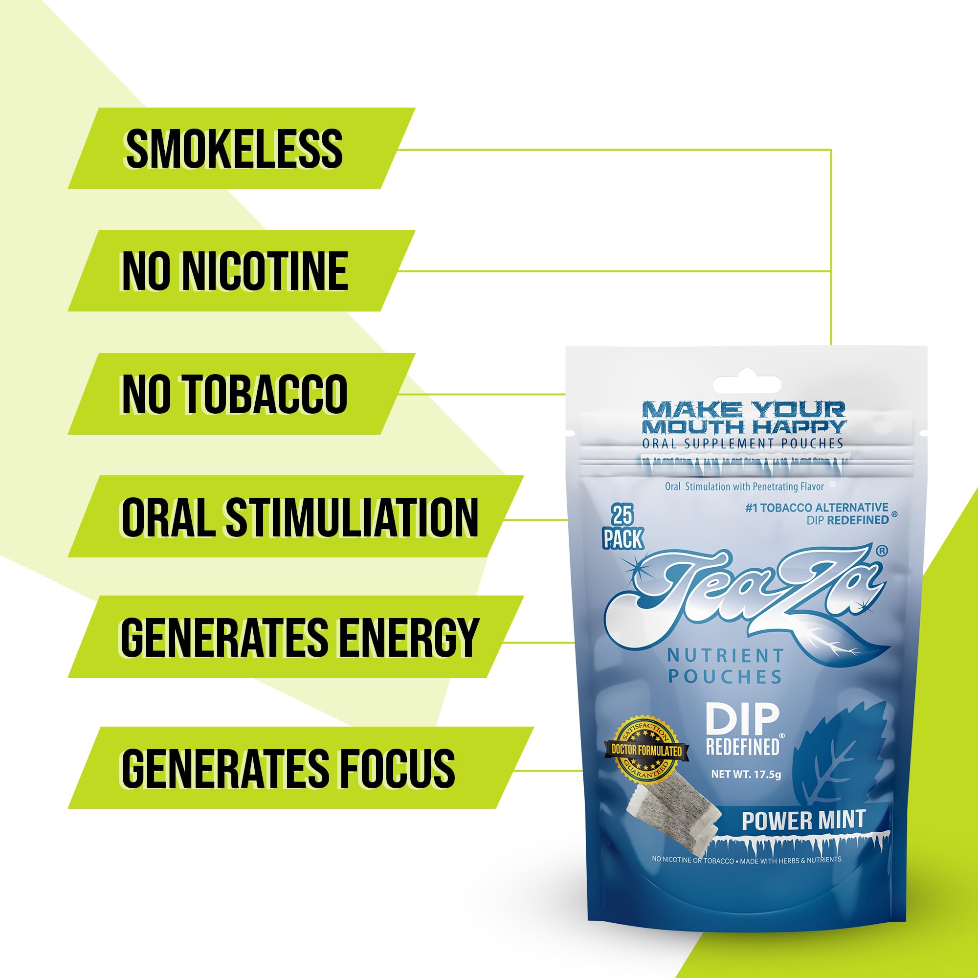 TeaZa Energy - Tobacco-Free Pouches Nicotine-Free Dip, Smokeless Alternative Snuff Healthy Chewing Dipping Alternative, Power Mi