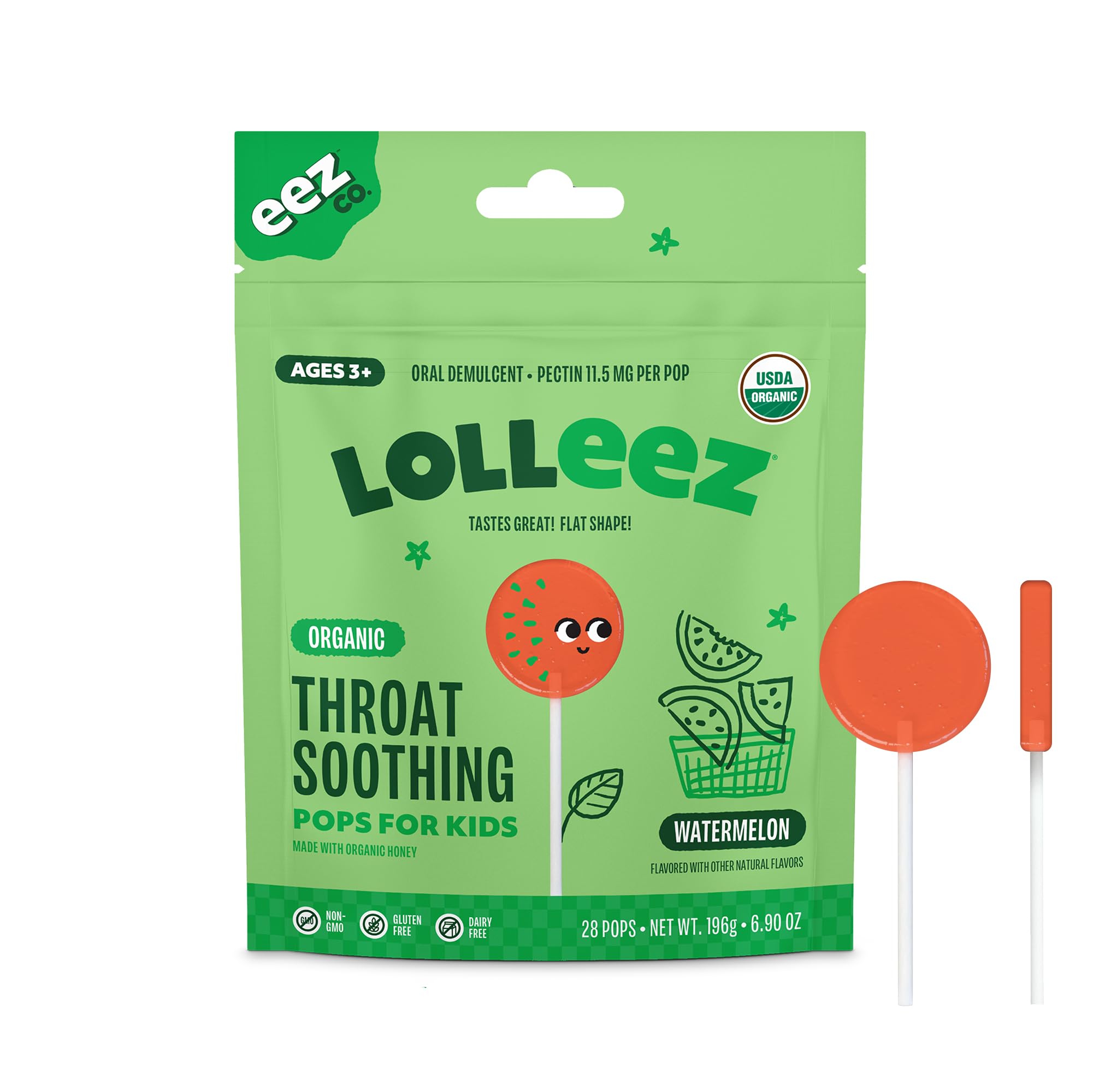 Lolleez Organic Lollipops for Kids Sore Throat Relief, Watermelon Perfect for Soothing A Sore Throat While Tasting Great, Waterm
