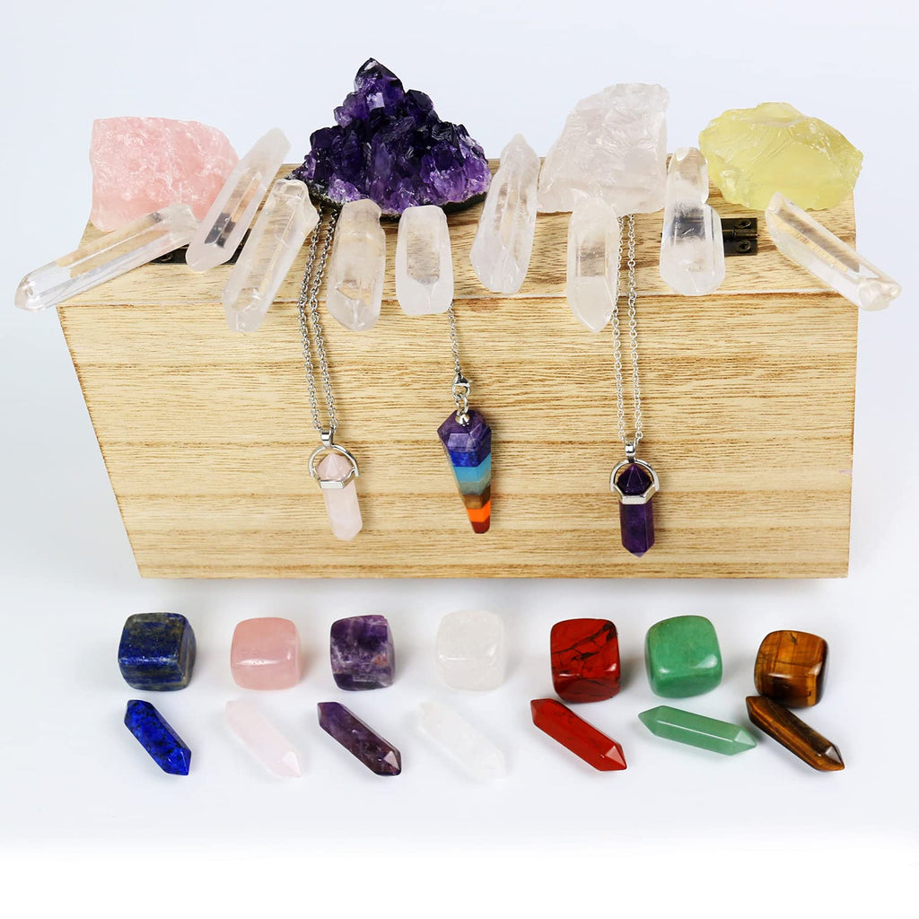 Nvzi Healing Crystals and Stones Kit in Box, Chakra Crystal Set, Amethyst Crystal, Rose Quartz, Citrine, Clear Quartz Wands, Red