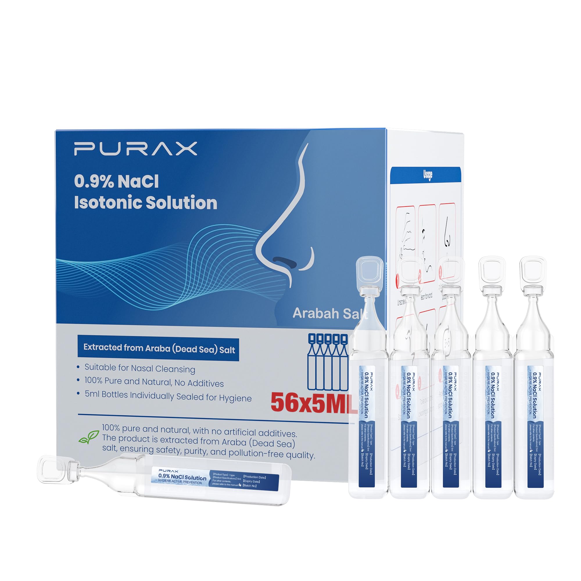 PURAX Saline Solution 0.9%,Nasal Cleanse for Babies, Kids and Adults, Isotonic Saline Solution for Eye Care, Wound Cleansing - 5