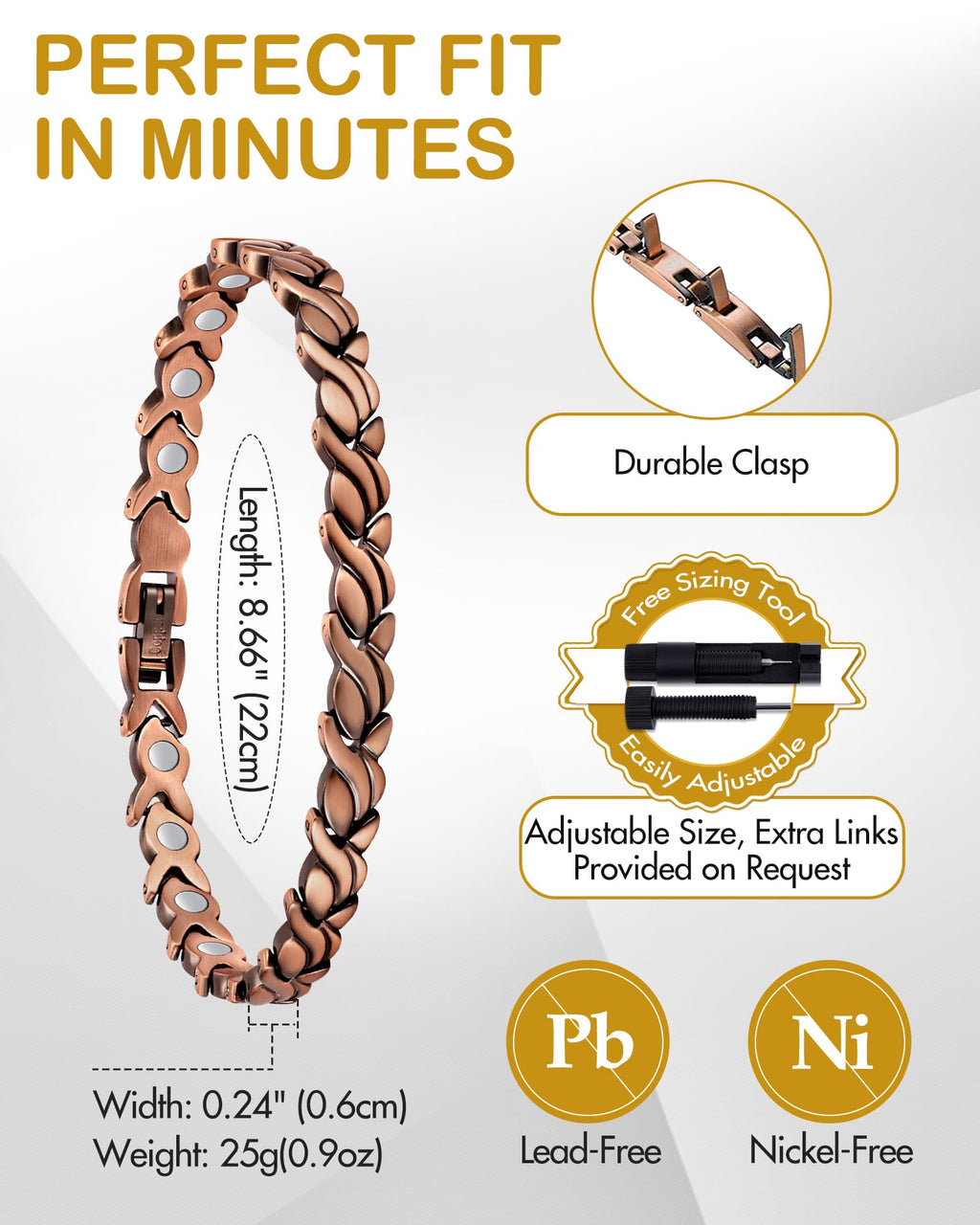 Feraco Copper Bracelet for Women 99.99% Solid Copper Magnetic Bracelets, Unique X Shape Links (Fishtail)