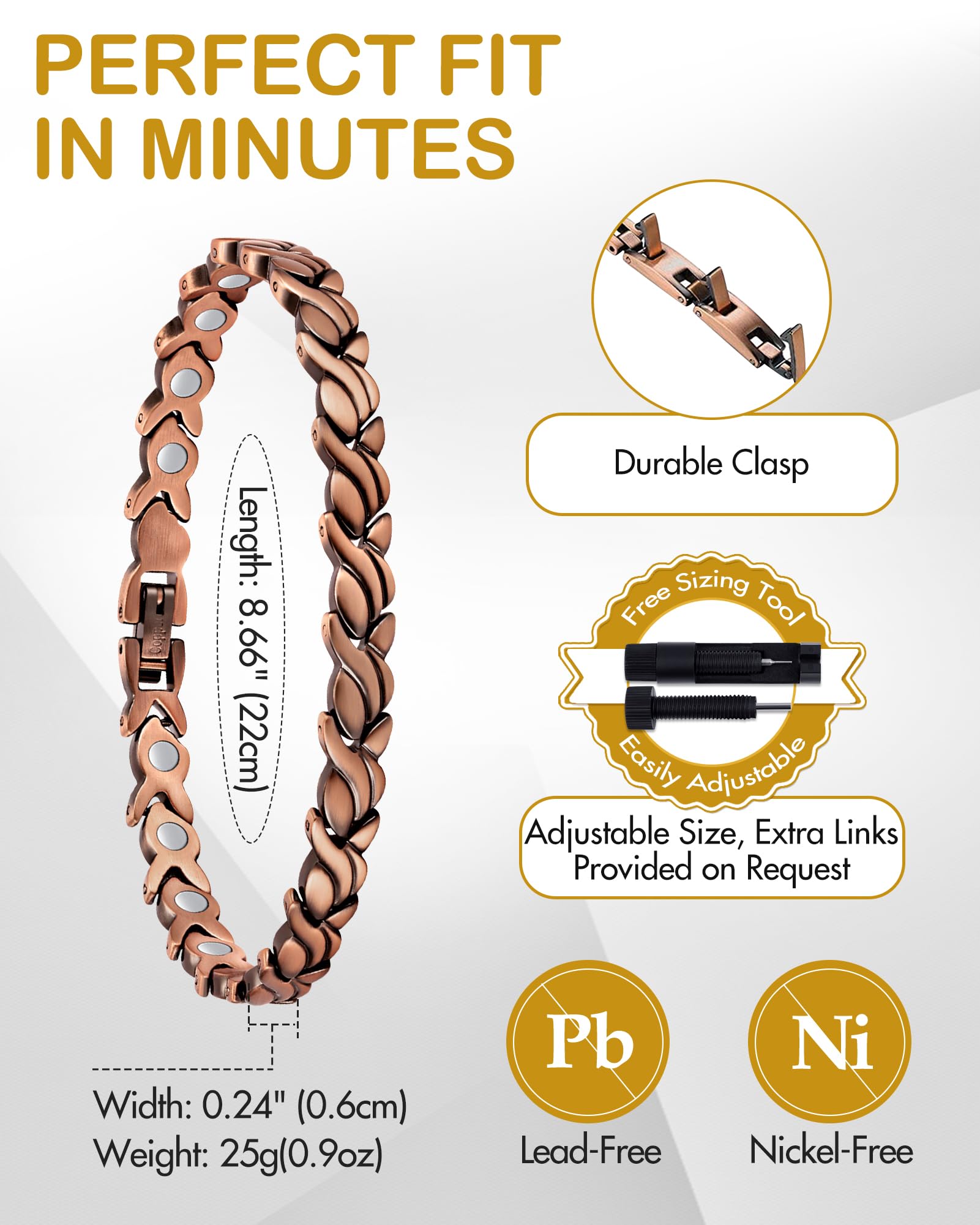 Feraco Copper Bracelet for Women 99.99% Solid Copper Magnetic Bracelets, Unique X Shape Links (Fishtail)