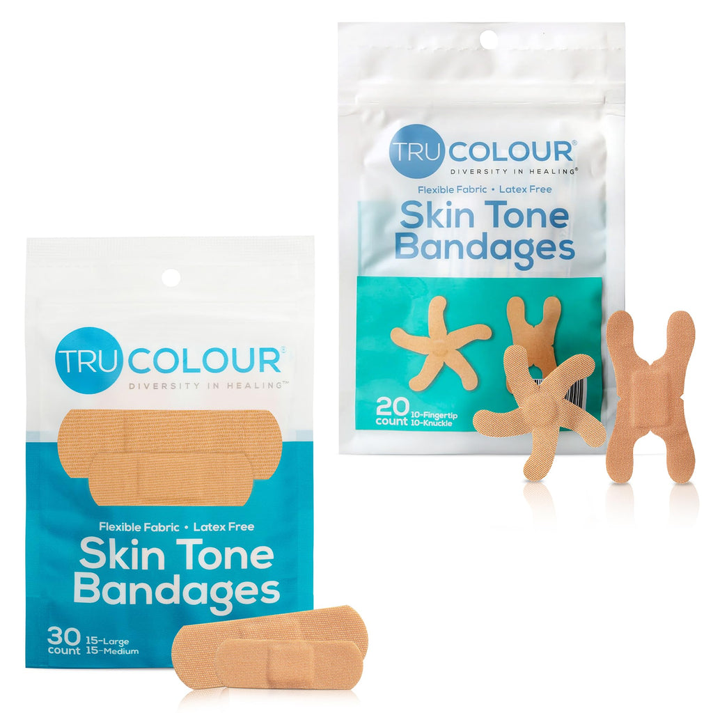 Tru-Colour Skin Tone Bandages Variety Pack - Flexible Fabric Adhesive Strips, Fingertip, Knuckle Bandages - Beige, 2 Pack, 50 Co