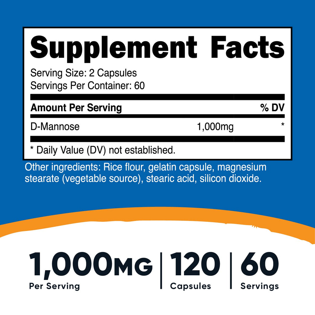 Nutricost D-Mannose 500 mg, 120 Caps (2 Bottles) - 1000mg Per Serving, Non-GMO and Gluten Free