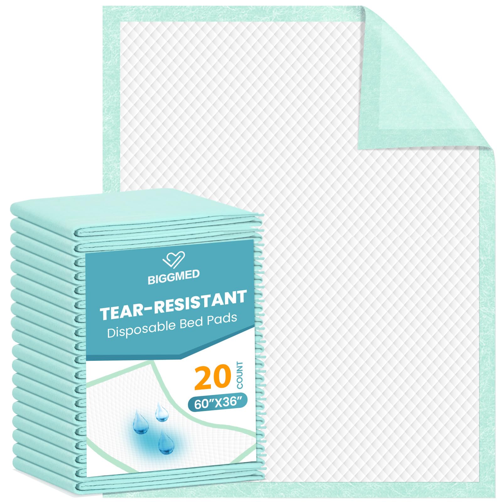 BIGGMED Tear-Resistant Chucks Pads Disposable 60 x 36 20 Count Underpads Extra Large Incontinence Bed Pads Heavy Duty Absorbency