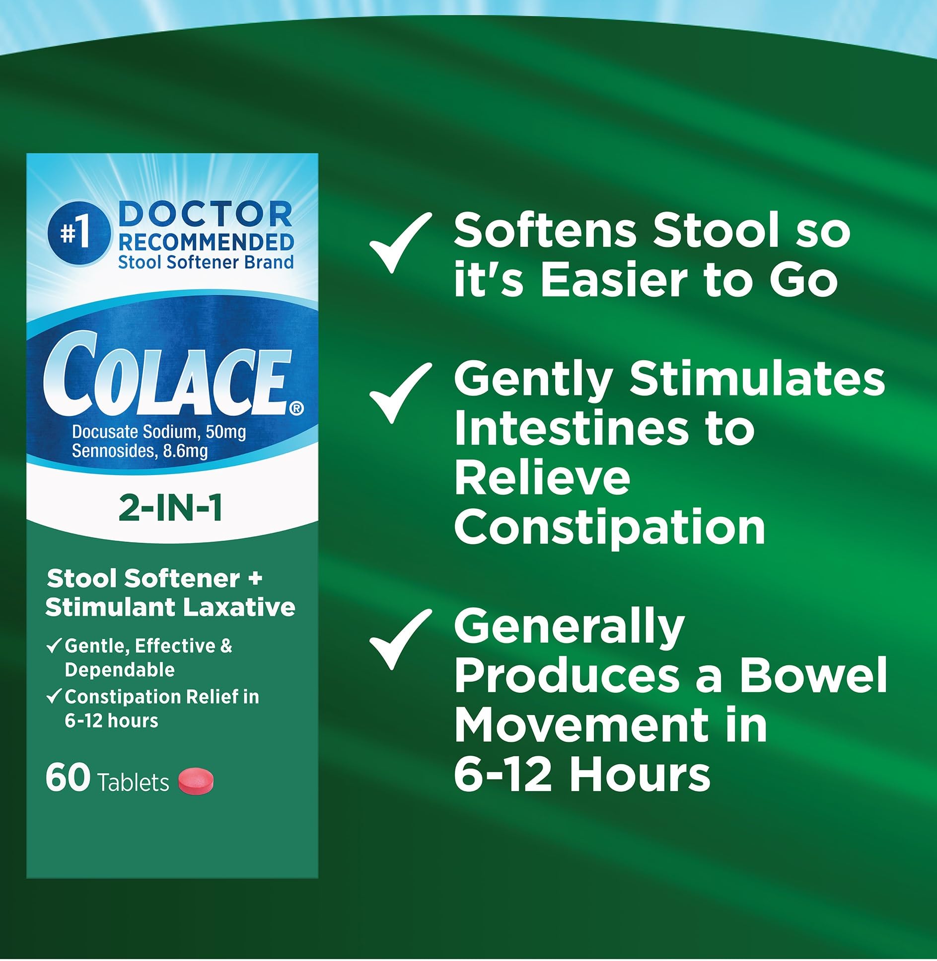 Colace 2-In-1 Stool Softener Plus Stimulant Laxative for Gentle Effective Constipation Relief, Docusate Sodium Plus Sennosides,