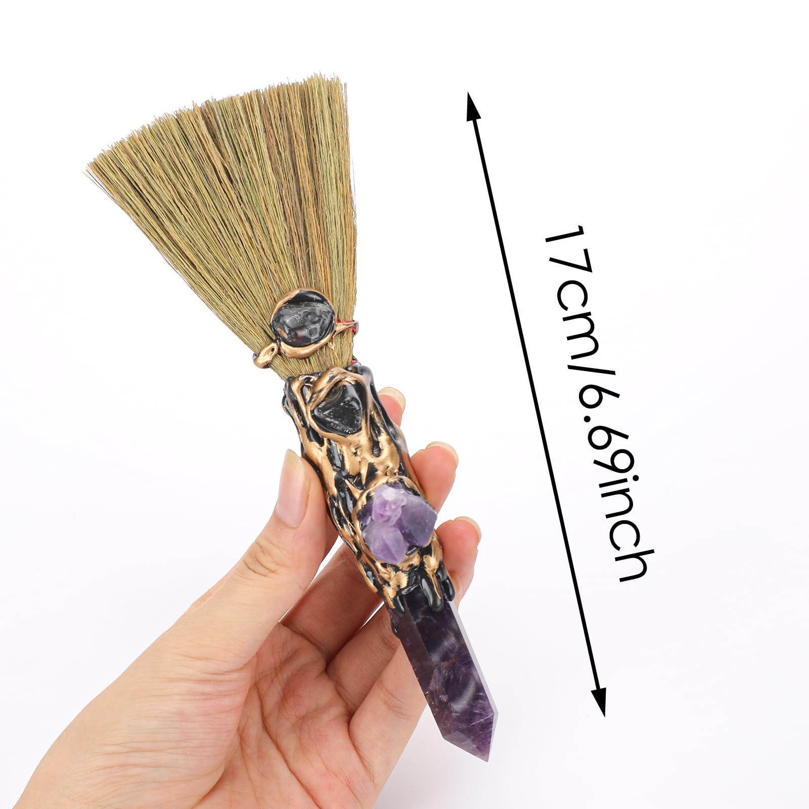 RENEMEGO Crystal Witch Altar Broom - Handmade Magic Witch Broomstick with Amethyst Natural Healing Crystals Stones Hexagonal Poi