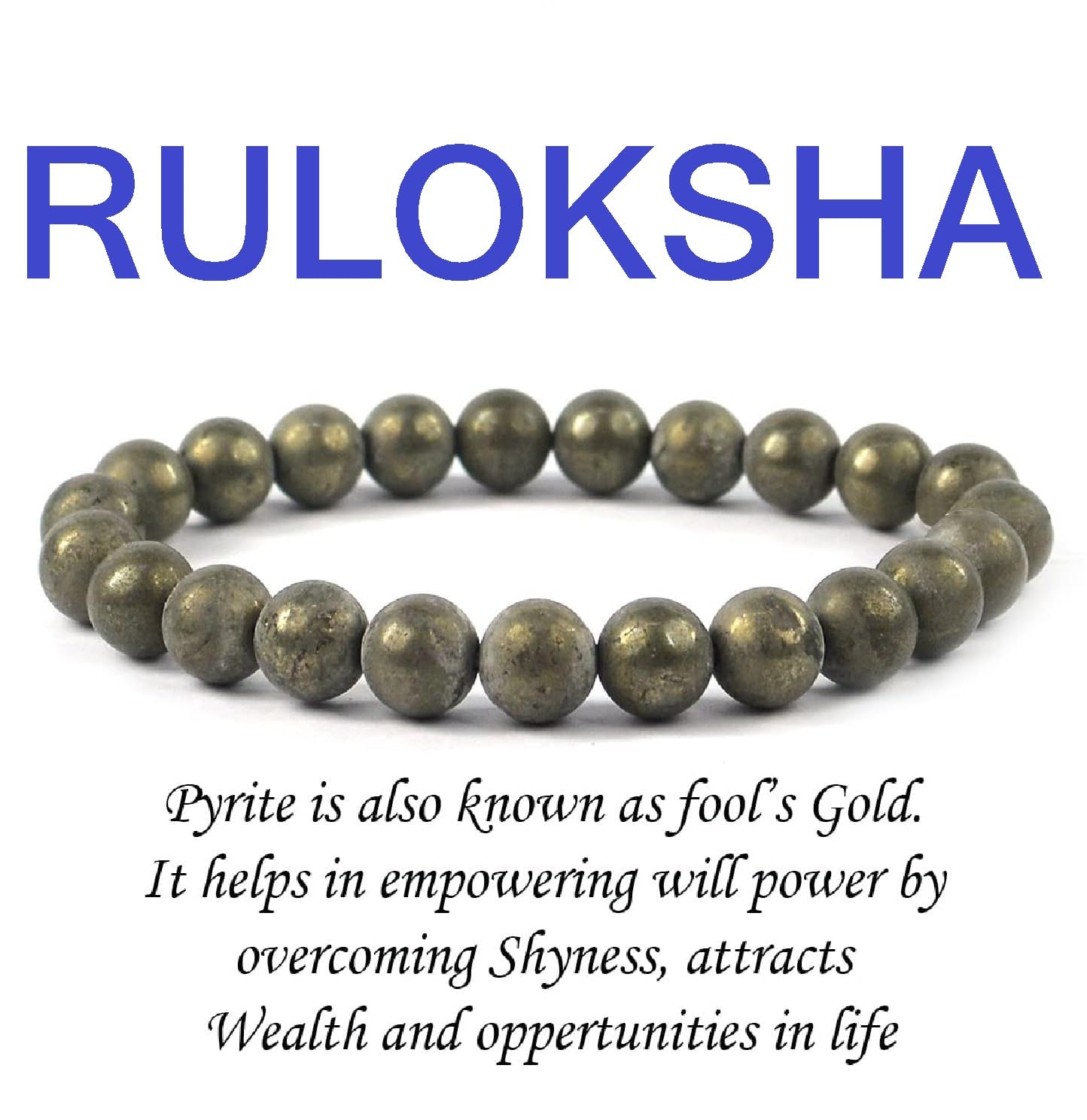 RULOKSHA Certified Natural Bracelet, 8mm Bracelet Original, Money Magnet Bracelet Pyrite Healing and Positive Energy, Courage, P