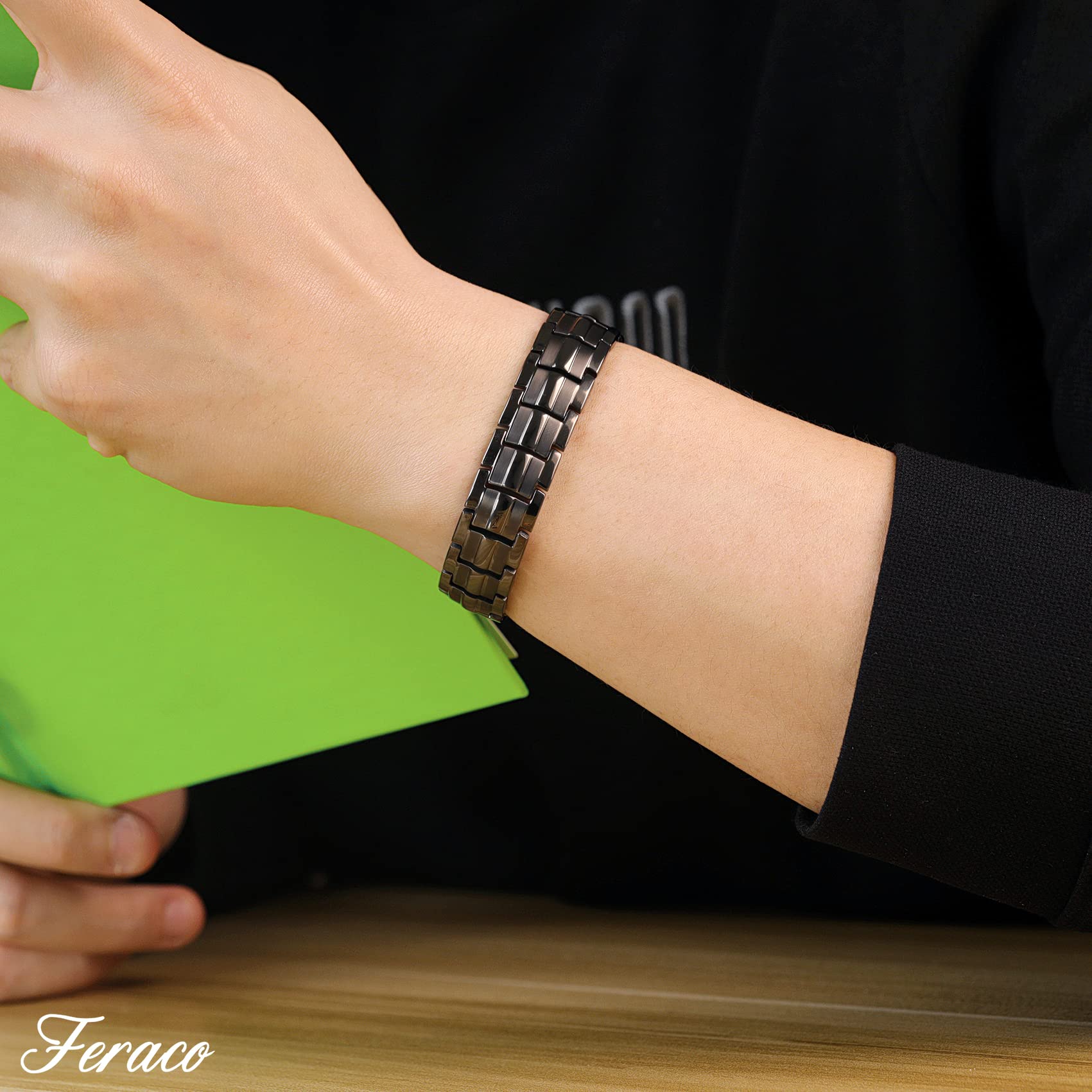 Feraco Magnetic Bracelet for Men Titanium Steel Magnetic Bracelet for Men with Double Row Magnets Adjustable (Gray)