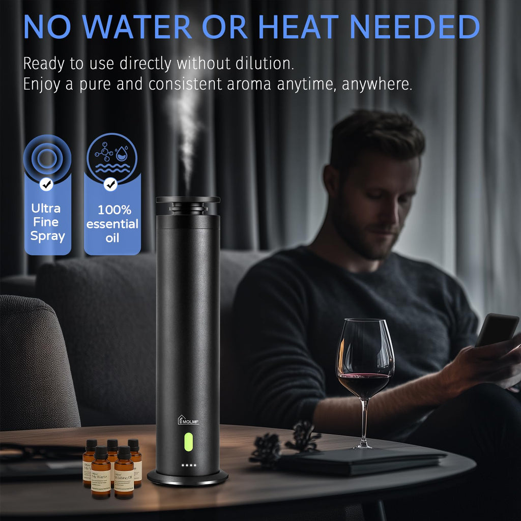 MQLMF Hotel Collection Diffuser Machine,Remote,Rechargeable,Included 5 Scent Oils,Whisper-Quiet,Aluminum,1500 Sq Ft,Waterless Di