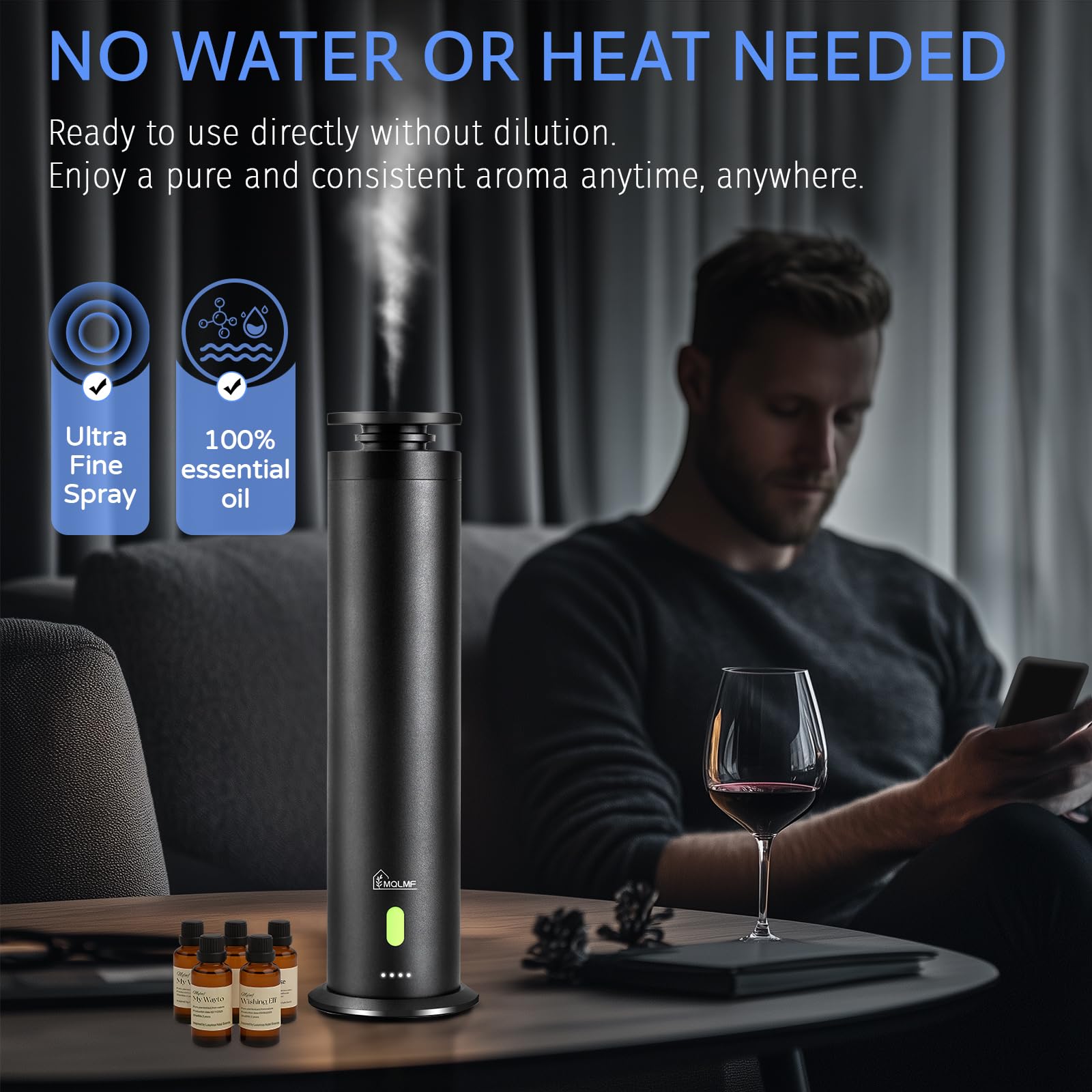 MQLMF Hotel Collection Diffuser Machine,Remote,Rechargeable,Included 5 Scent Oils,Whisper-Quiet,Aluminum,1500 Sq Ft,Waterless Di