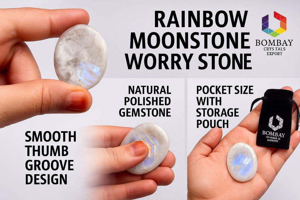 Rainbow Moonstone Worry Stone - Genuine Polished Palm Crystal for Stress & Anxiety Relief, Meditation Thumb Stone Gift for Mindf