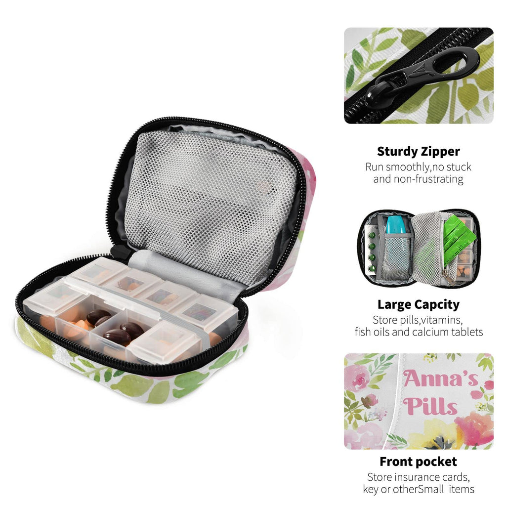 Custom Pill Box 7 Day Pill Case Bag Watercolor Floral Personalized Name Travel Pill Organizer Bag with Zipper Portable Weekly Ca