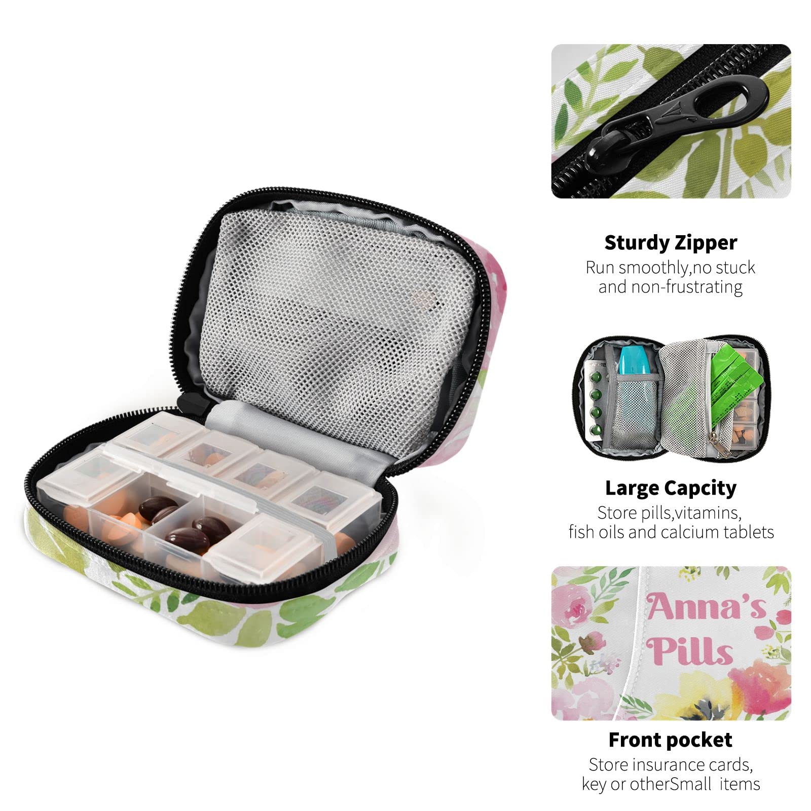 Custom Pill Box 7 Day Pill Case Bag Watercolor Floral Personalized Name Travel Pill Organizer Bag with Zipper Portable Weekly Ca