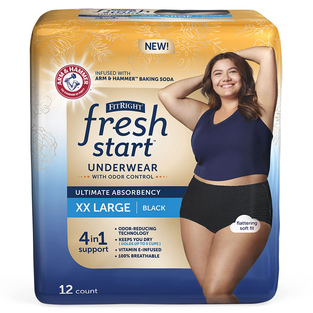 FitRight Fresh Start Incontinence and Postpartum Underwear for Women, XXL, Black (12 Count) Ultimate Absorbency, Disposable Unde