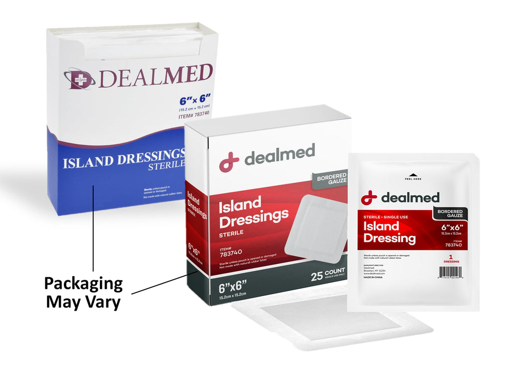 Dealmed Sterile Gauze Island Wound Dressing 6 x 6 Gauze Pads, Disposable, Latex-Free, Adhesive Borders with Non-Stick Pads First
