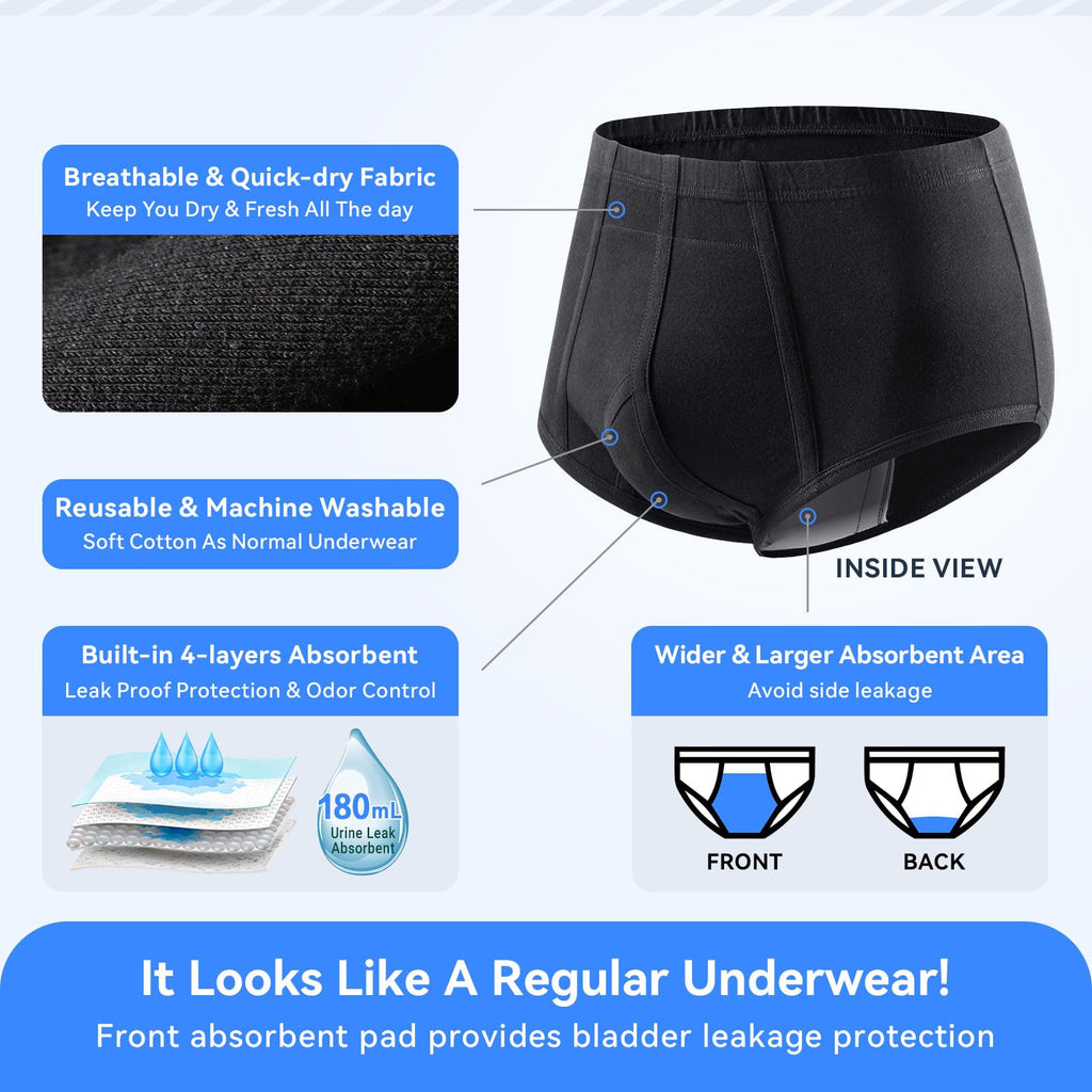 Carer Mens Incontinence Underwear Washable Bladder Control Briefs Urinary Incontinence Brief for Men Cotton Reusable Mens Prote
