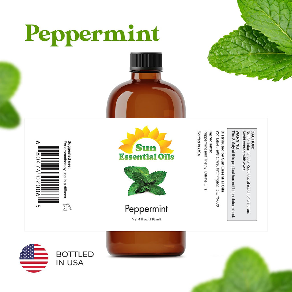 Sun Essential Oils - Peppermint 4oz Bottle for Diffuser, Humidifier, Aromatherapy, Personal & Home Care - Therapeutic Grade Pepp