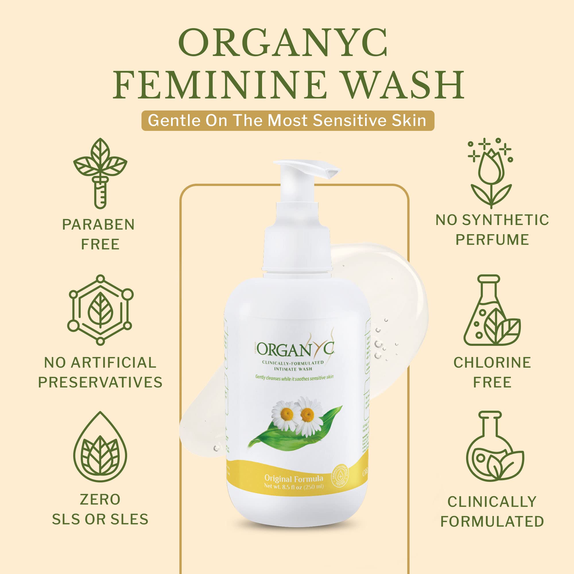 Organyc Feminine Intimate Wash for Sensitive Skin with Chamomile, Free from Chlorine, Parabens, SLS/SLES, and Synthetic Perfumes