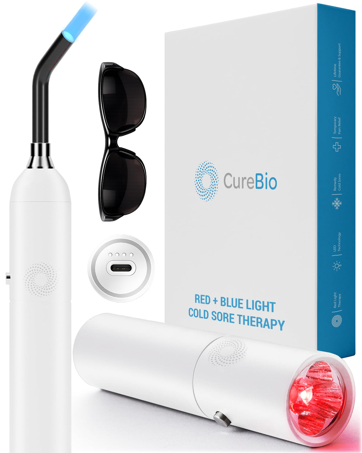 CUREBIO Cold Sore Red Light Therapy Wand with Blue and Infrared Wavelengths, 5 Effective LEDs, High Irradiance Light Therapy Dev