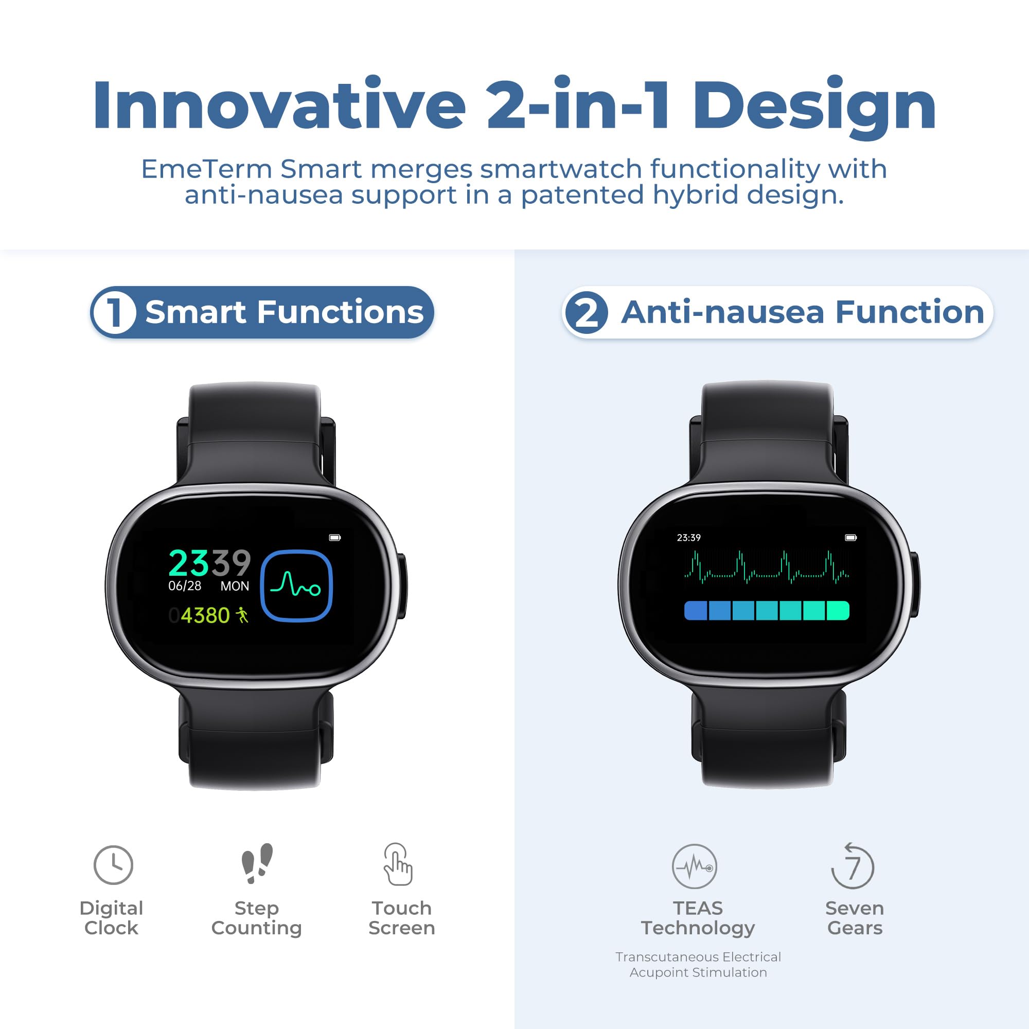 EmeTerm Smart FDA-Cleared Anti-Nausea Wristwatch Touchscreen IP67 Waterproof Morning Motion Sickness Relief Rechargeable Fast Ac